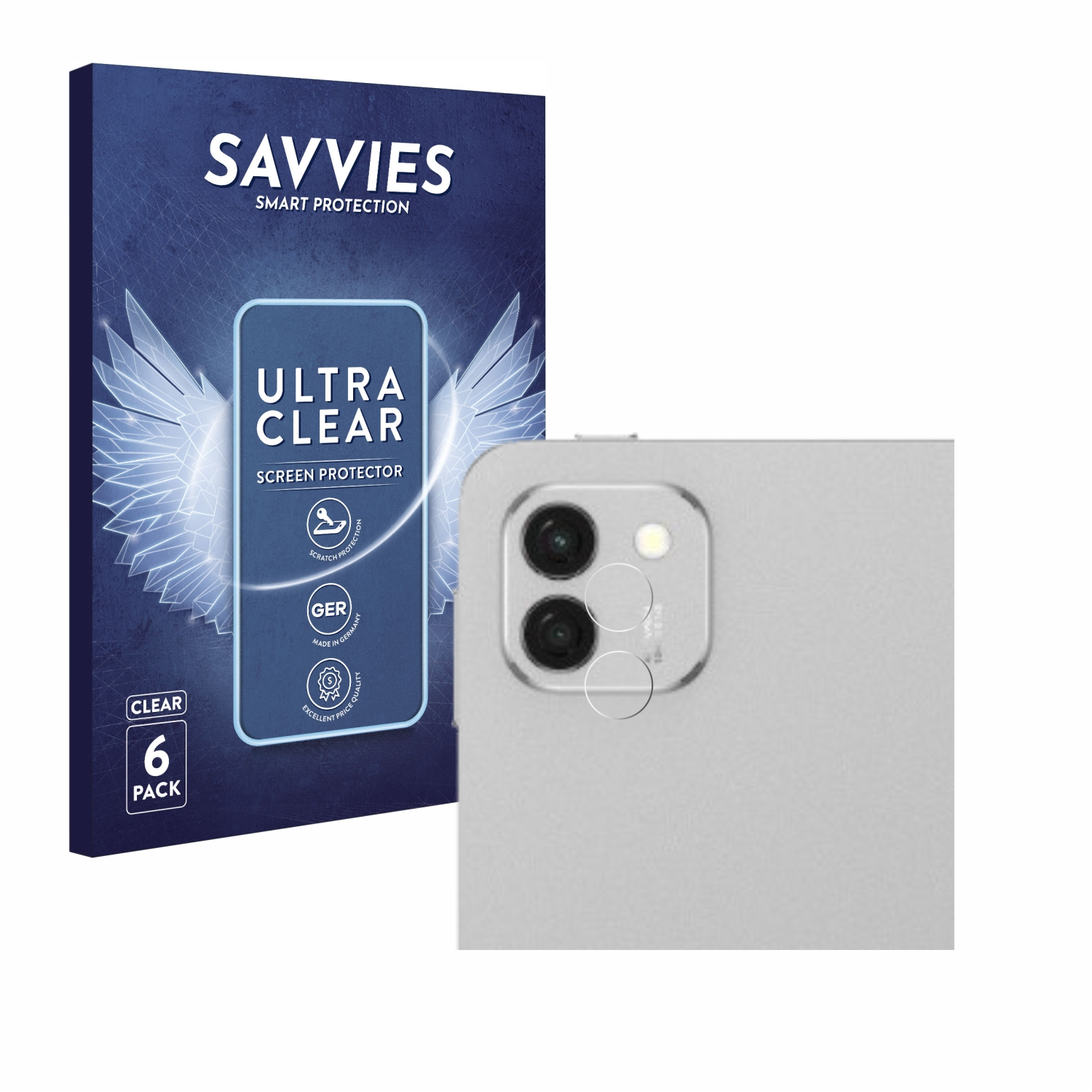 Eine Displayschutzfolienbox und ein Telefon. Die Box hat die Aufschrift 'SAVVIES' und 'ULTRA CLEAR'. Das Telefon hat Kameralinsen.