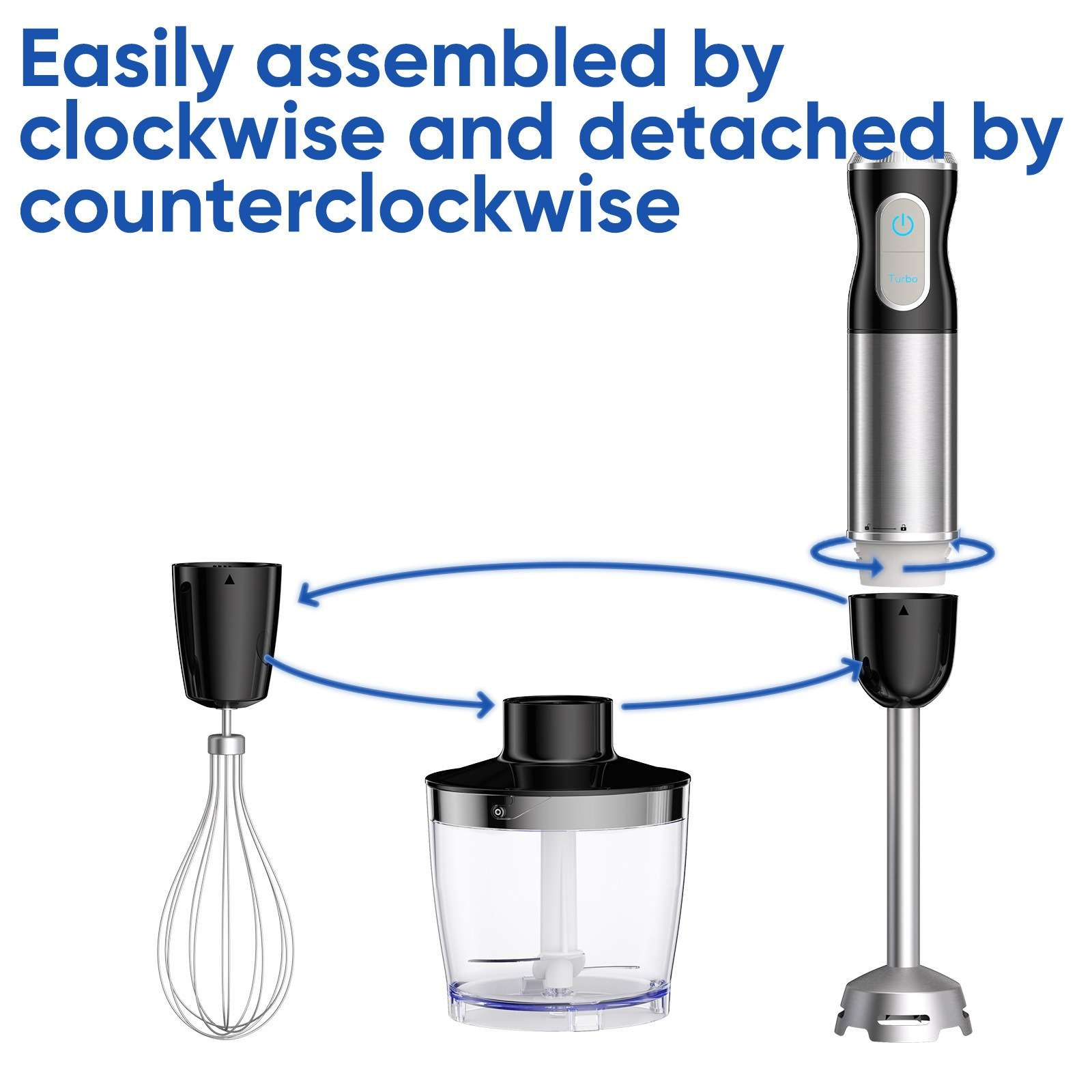 Ein zerlegter Stabmixer mit drei Aufsätzen, Anweisungen und blauen Pfeilen, die das Zusammen- und Auseinanderbauen anzeigen.