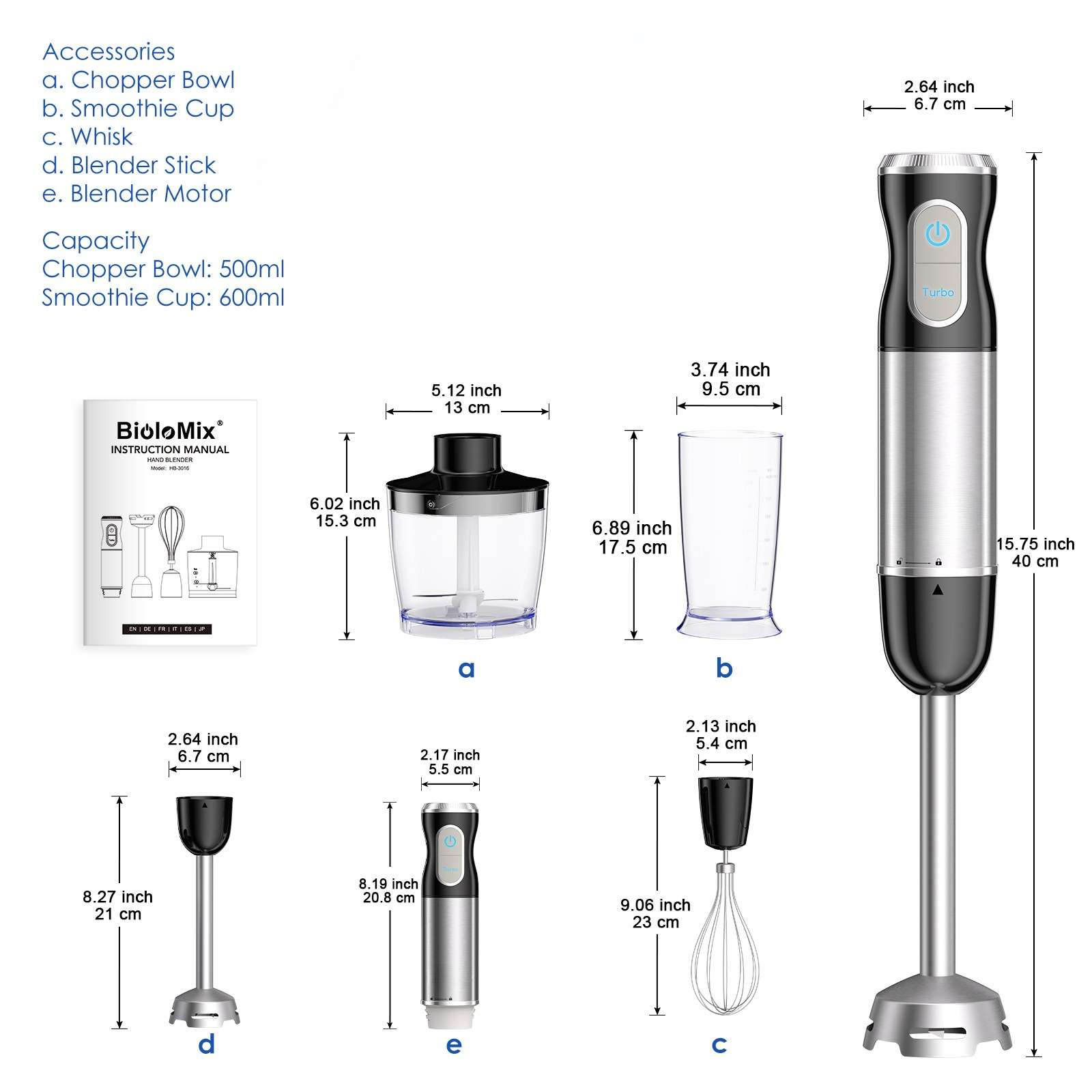 Das Bild zeigt einen Stabmixer mit Zubehör: Zerkleinerer, Smoothie-Becher, Schneebesen, Mixstab und Motor. Abmessungen und Kapazität sind angegeben.