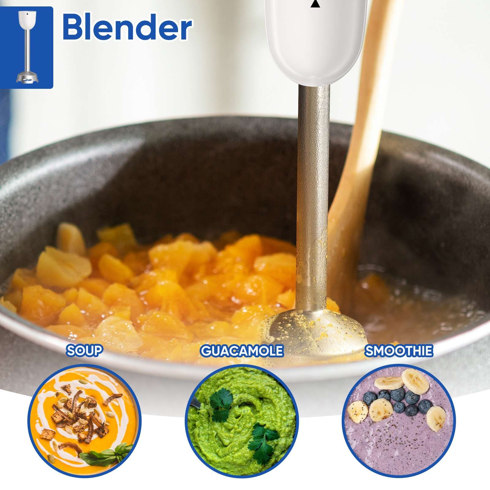 Ein Mixer vermischt Zutaten in einem Topf. Unten sind Beispiele für Suppe, Guacamole und Smoothie. Das Wort 'Mixer' steht oben.