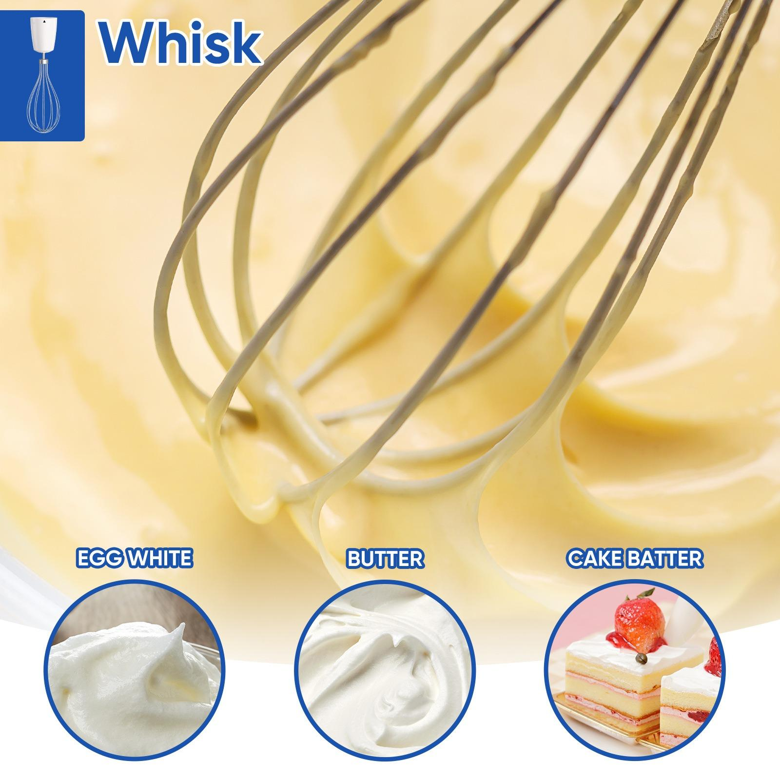 Das Bild zeigt einen Schneebesen und Zutaten. Eiklar, Butter und Kuchenteig werden mit einem Kuchenstück dargestellt.