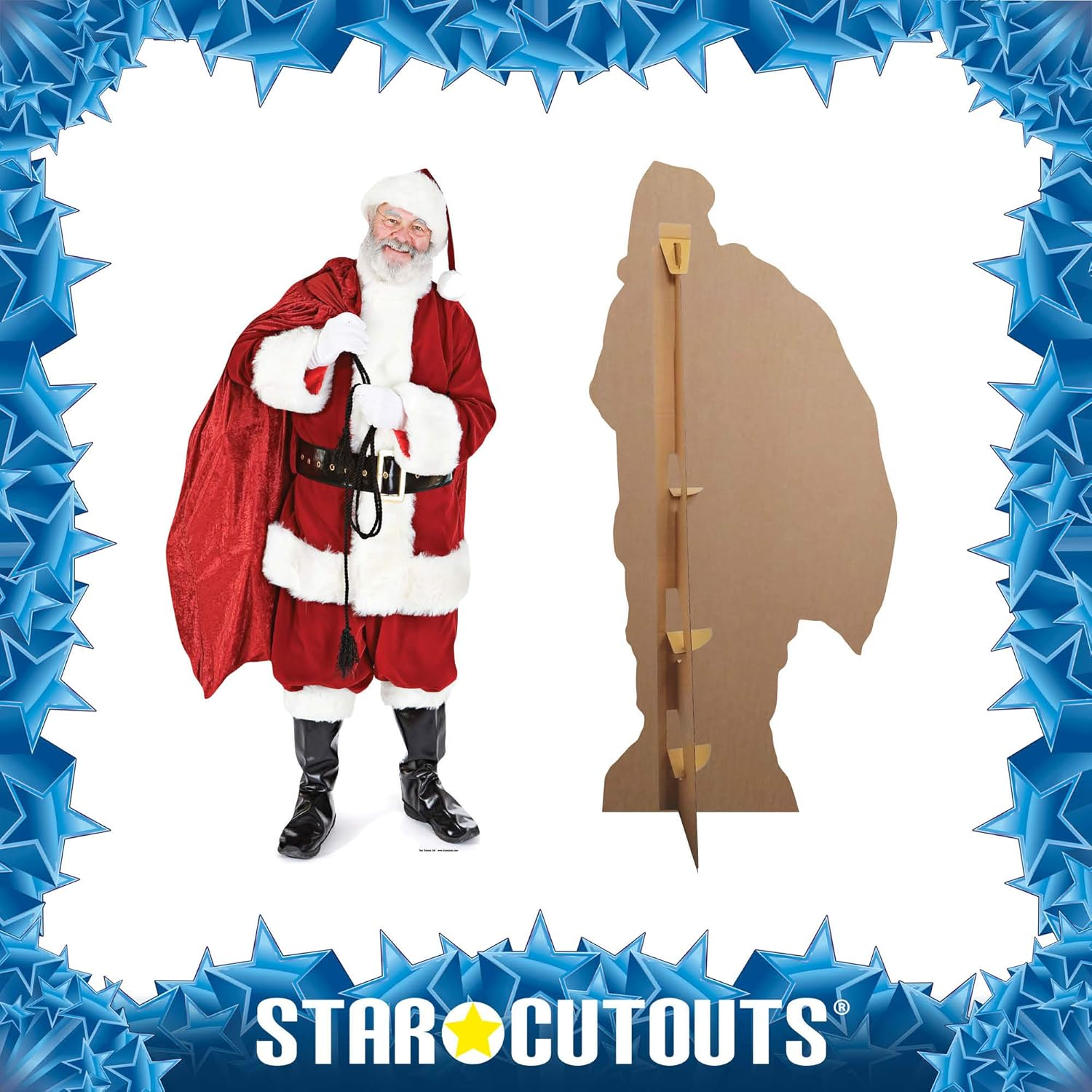 Weihnachtsmann-Figur mit Pappaufsteller. Der Weihnachtsmann trägt einen rot-weißen Anzug und einen roten Umhang. Der Aufsteller ist braun.
