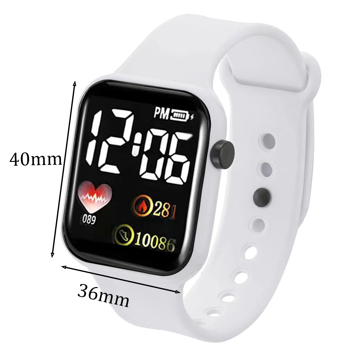 Eine weiße Smartwatch mit schwarzem Display, das Uhrzeit, Herzfrequenz und Schritte anzeigt. Abmessungen sind 40 mm x 36 mm.