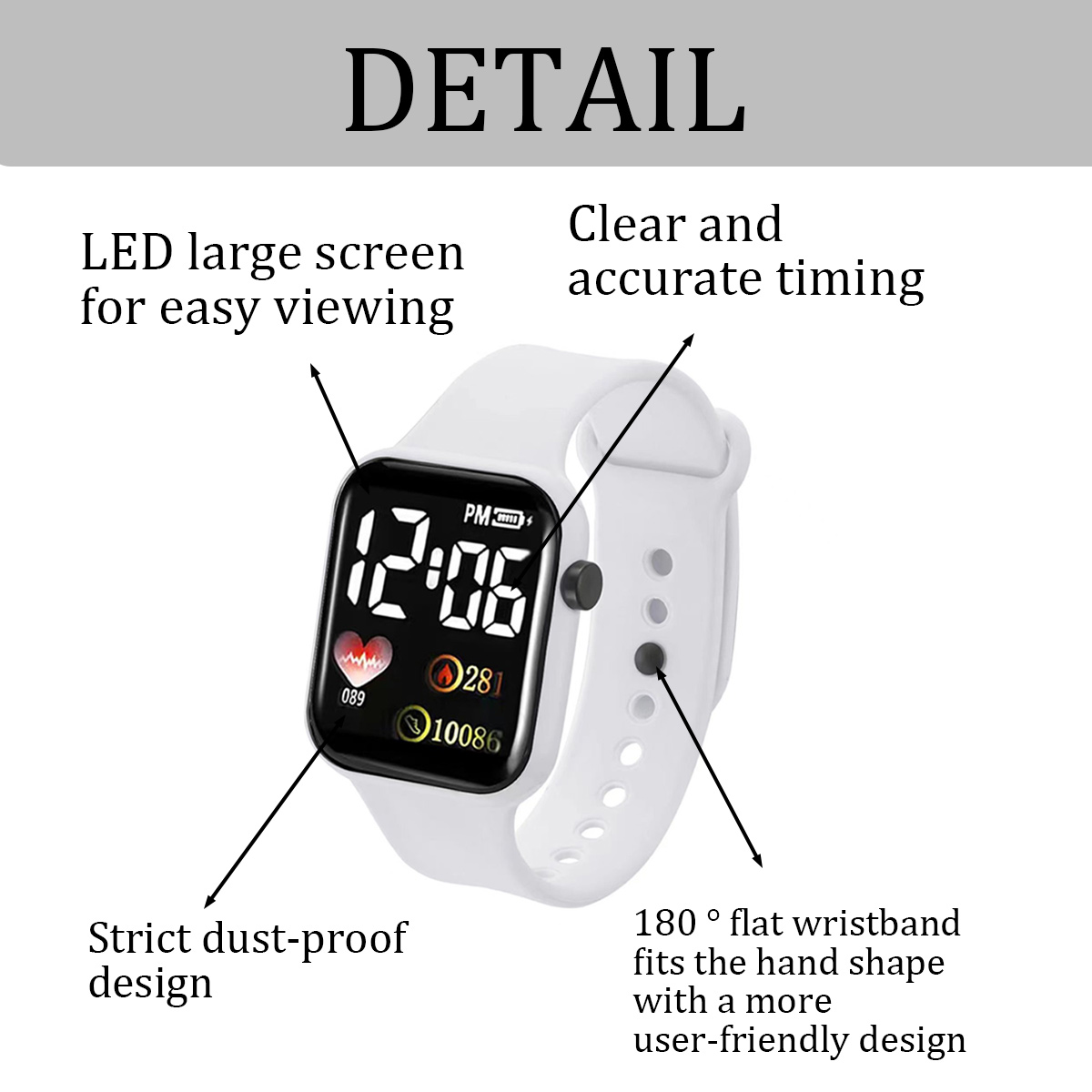 Eine weiße Smartwatch zeigt Zeit, Herzfrequenz und andere Daten an. Sie hat ein großes LED-Display und ein bequemes Armband.