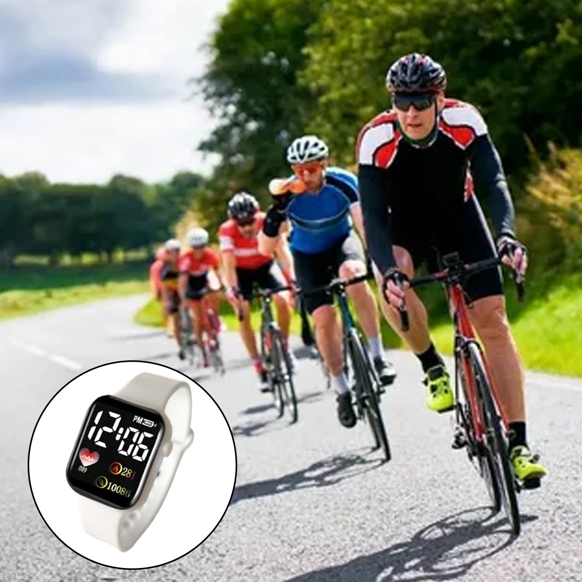 Radfahrer im Rennen, mit einer Smartwatch im Kreis. Die Uhr zeigt Zeit, Herzfrequenz und Schritte an. Radfahrer tragen Helme und fahren auf der Straße.