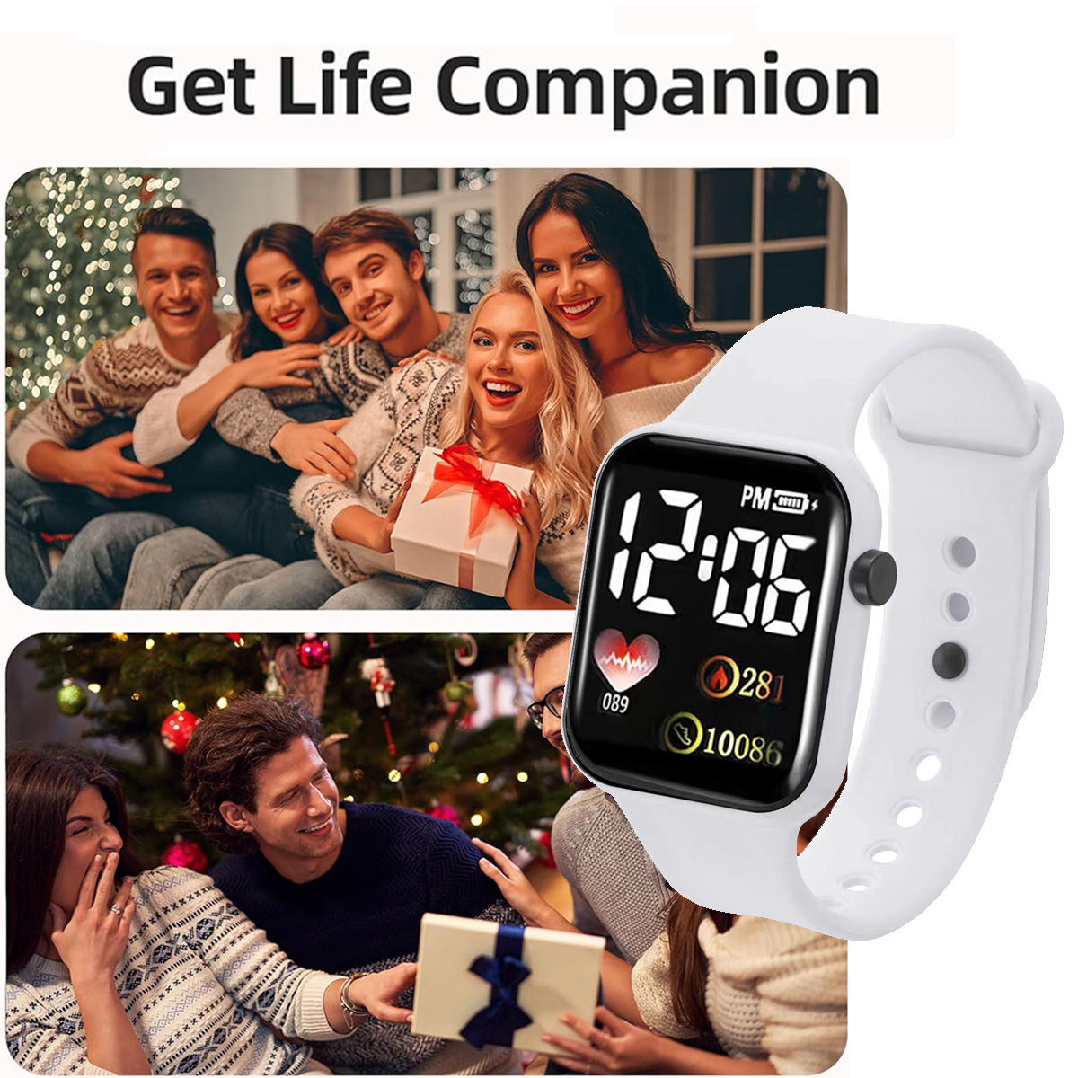 Das Bild zeigt eine weiße Smartwatch, die die Uhrzeit anzeigt, mit zwei Bildern von Menschen. Oben ist eine Gruppe zu sehen, unten tauschen Menschen Geschenke aus.