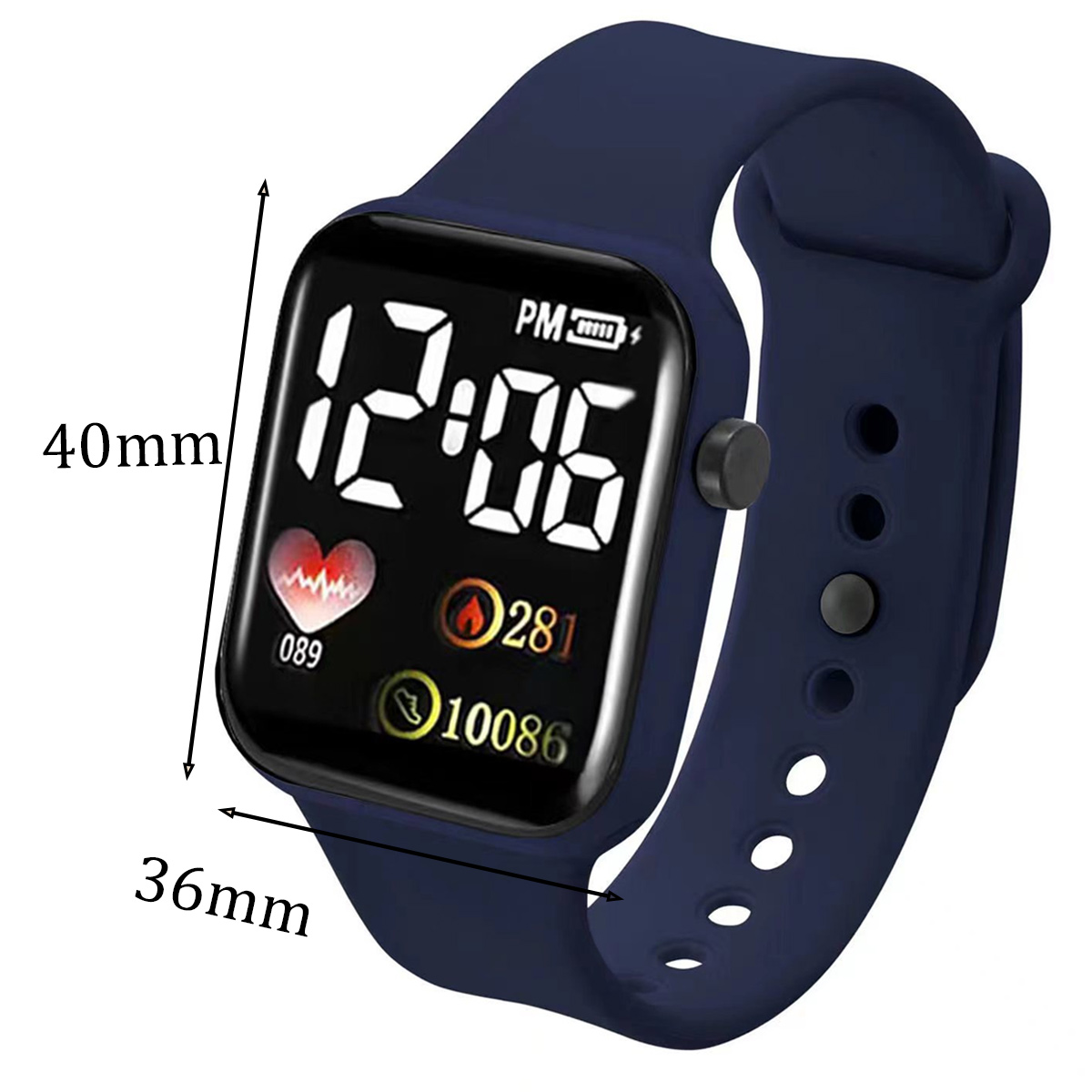 Eine marineblaue Smartwatch mit der Anzeige 12:06, Gesundheitsindikatoren und den Abmessungen 40 mm x 36 mm. Die Uhr hat ein marineblaues Armband.