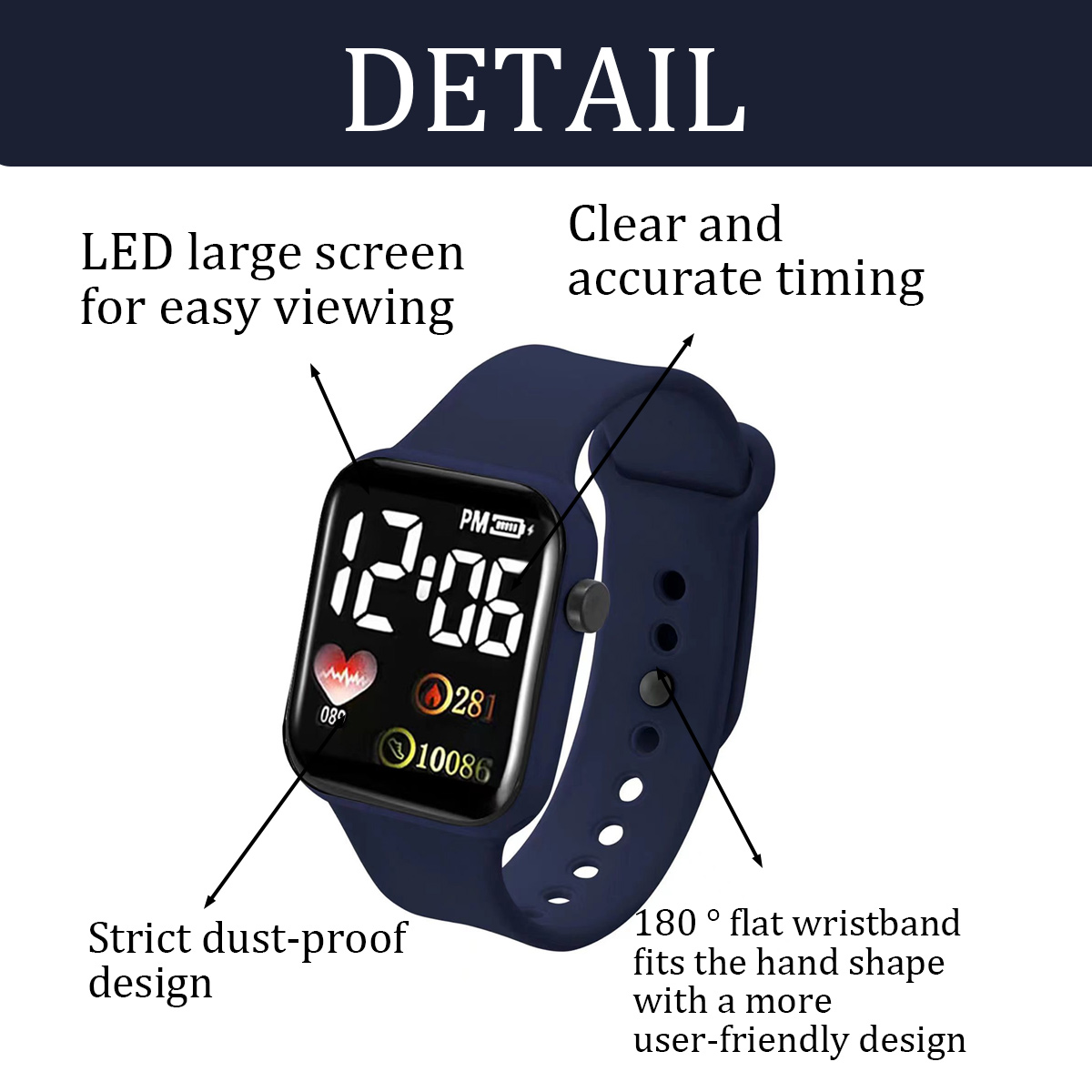 Eine dunkelblaue Smartwatch mit digitaler Anzeige der Uhrzeit. Sie hat Funktionen wie staubdichtes Design und ein 180°-Flacharmband.