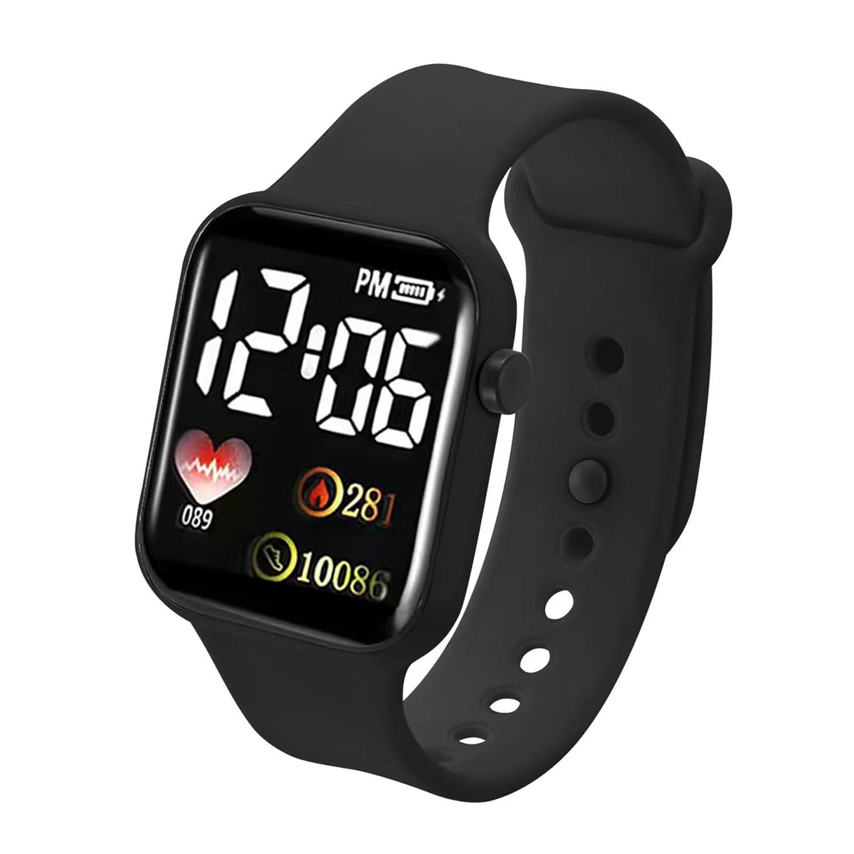 Eine schwarze Smartwatch, die Zeit, Herzfrequenz und Aktivitätsmetriken anzeigt. Die Uhr hat ein schwarzes Armband und ein digitales Display.