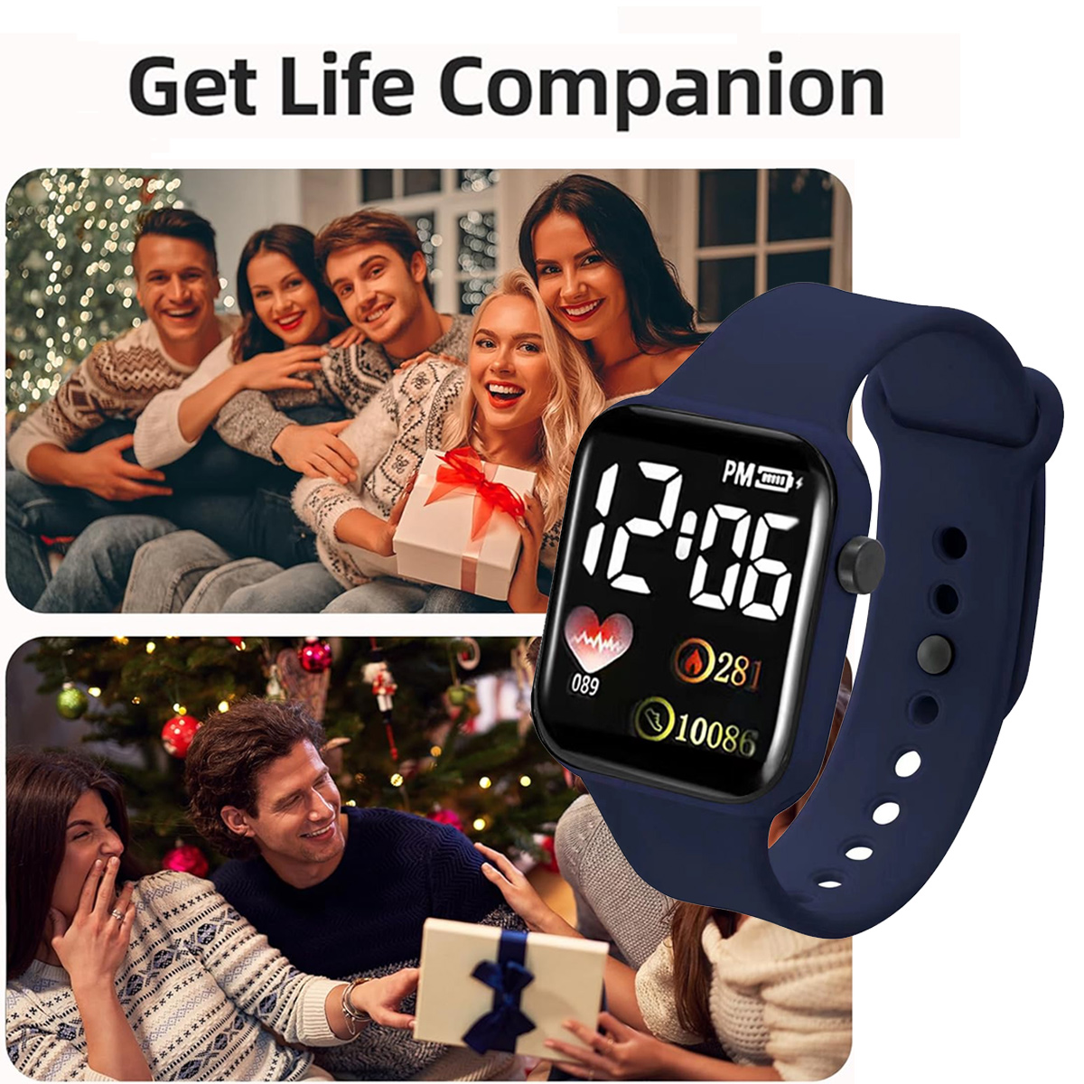 Eine marineblaue Smartwatch mit digitaler Anzeige, mit einer Gruppe von Menschen, die eine Weihnachtsfeier genießen.