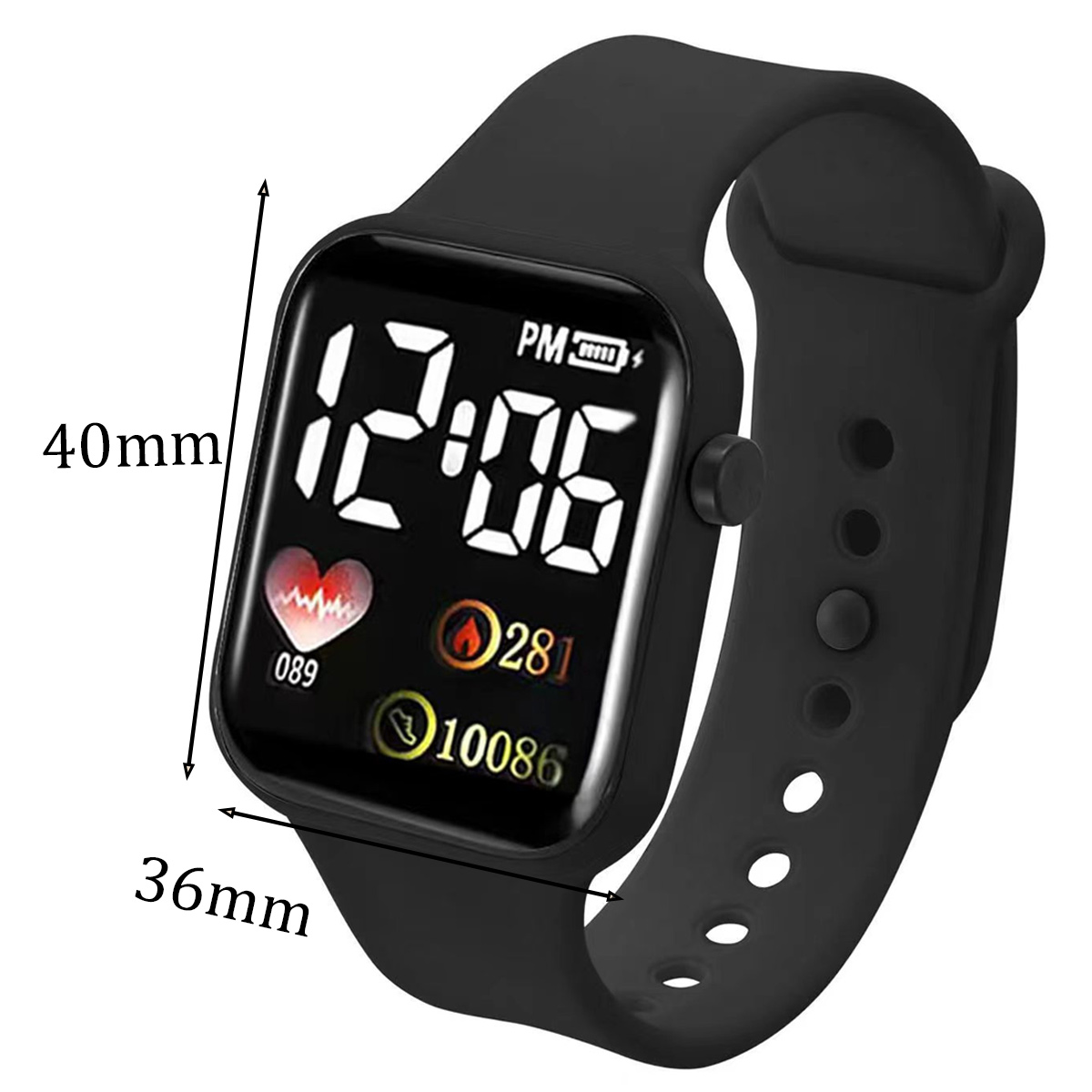 Schwarze Smartwatch mit Anzeige von 12:06 PM, Herzfrequenz und anderen Metriken. Die Uhr hat ein schwarzes Armband mit Löchern und ist 36 mm x 40 mm groß.