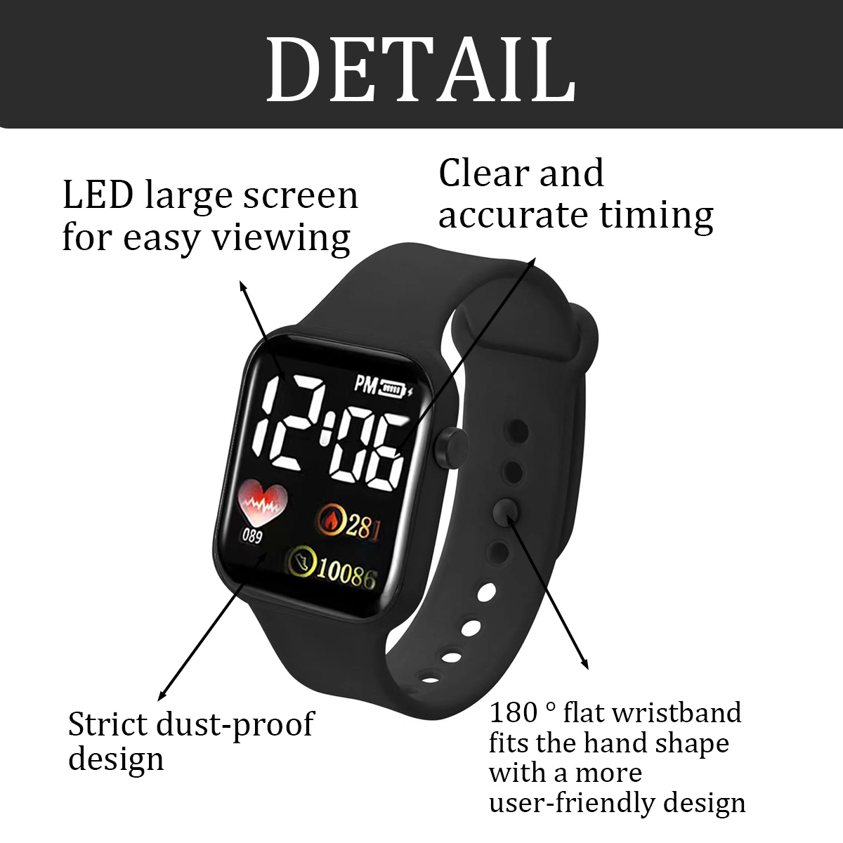 Eine schwarze Smartwatch zeigt die Uhrzeit, Herzfrequenz und andere Daten an. Zu den Merkmalen gehören ein staubdichtes Design und ein benutzerfreundliches Armband.