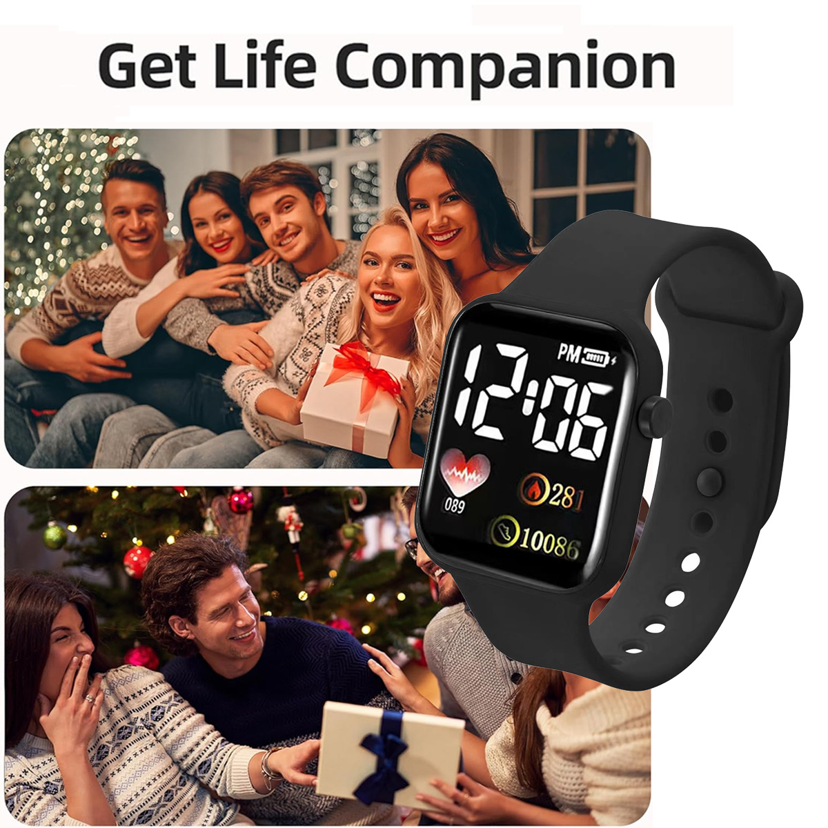 Eine schwarze Digitaluhr mit einer Gruppe fröhlicher Menschen. Zwei Gruppen sind abgebildet, eine oben und eine unten. Die Uhr zeigt Zeit und Gesundheitsstatistiken an.