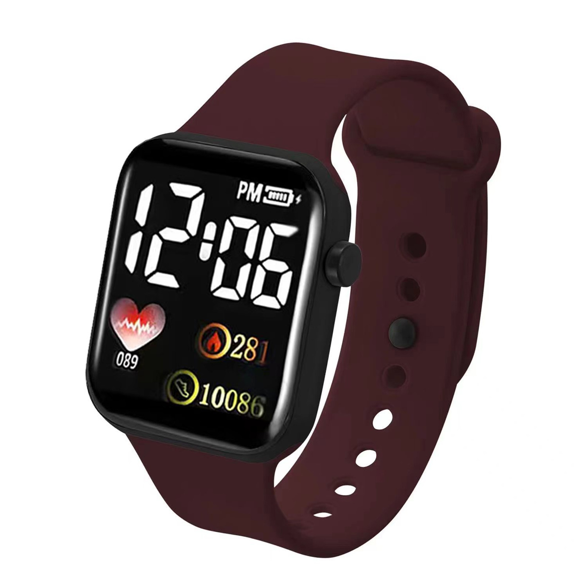 Eine Digitaluhr mit burgunderfarbenem Armband zeigt 12:06, Herzfrequenz und andere Daten an. Die Uhr ist schwarz mit weißen Ziffern.