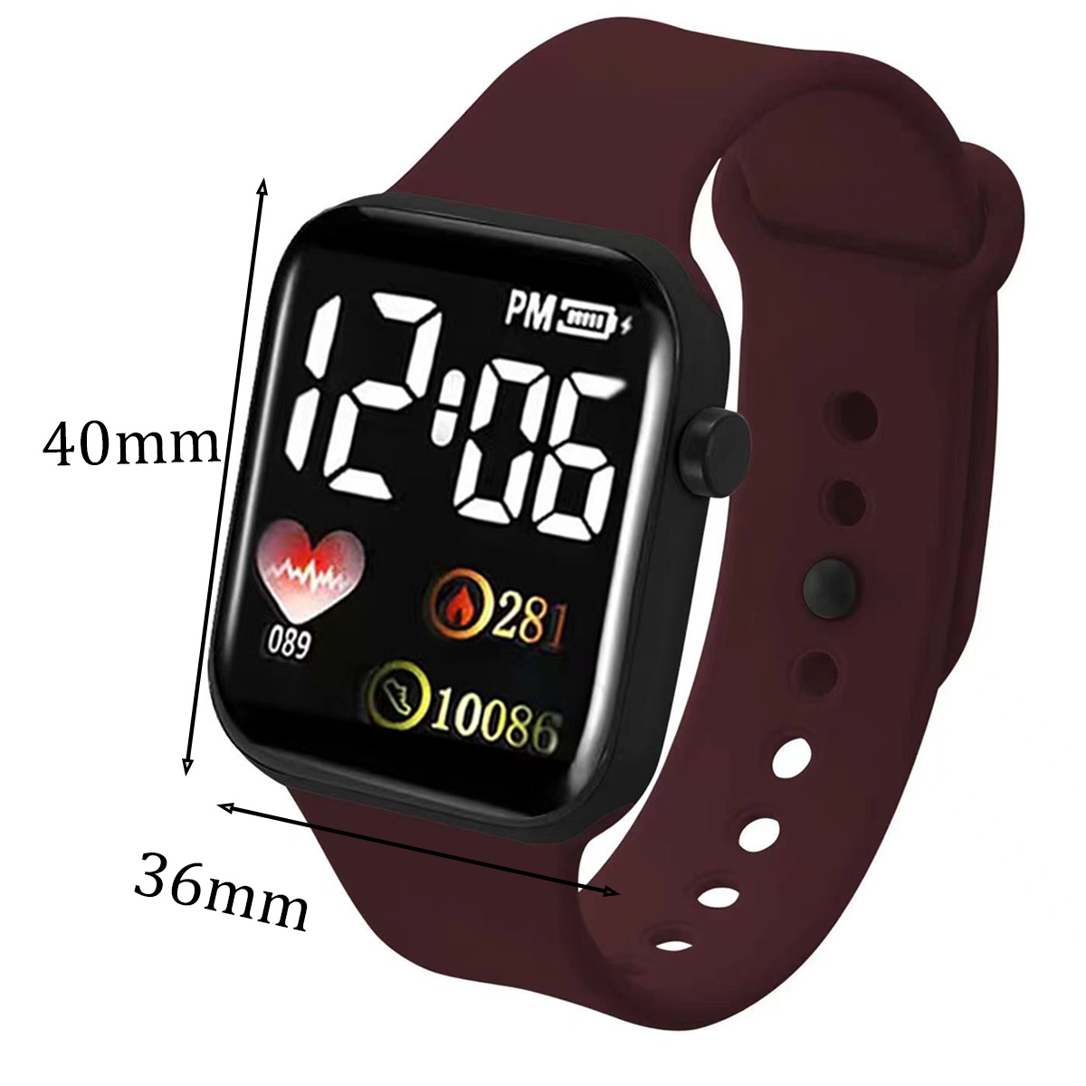 Eine weinrote Smartwatch, die 12:06 anzeigt. Sie hat einen schwarzen quadratischen Bildschirm mit Gesundheitsmetriken und Zeit. Das Armband ist weinrot.