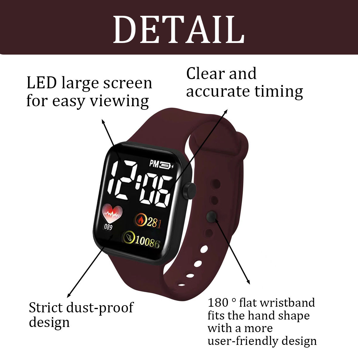 Eine Digitaluhr mit einem weinroten Armband. Der Bildschirm zeigt Zeit, Herzfrequenz und andere Daten an. Text hebt Funktionen wie staubdichtes Design hervor.