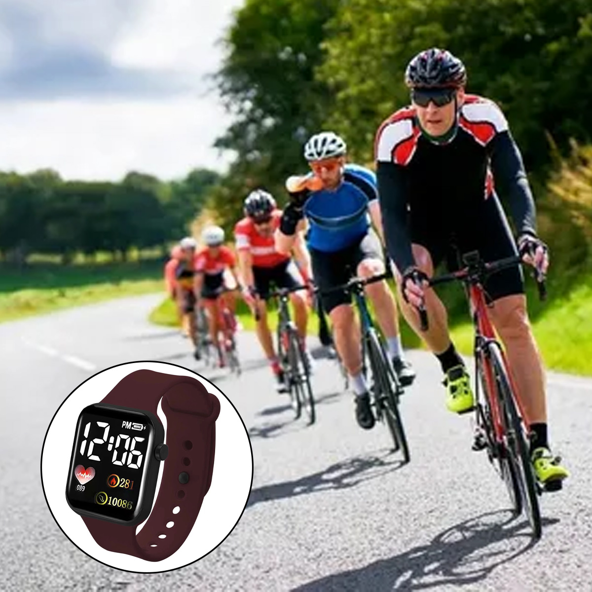 Radfahrer in einem Rennen auf einer Straße. Eine Smartwatch in der Ecke zeigt Zeit und Herzfrequenz. Bäume im Hintergrund.
