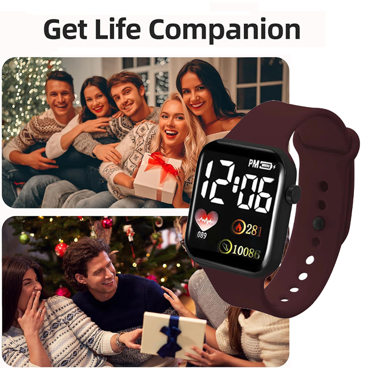 Uhr mit schwarzem Bildschirm zeigt die Zeit an. Menschen feiern. Zwei Gruppen von Menschen schenken Geschenke. Weihnachtsbaum im Hintergrund.