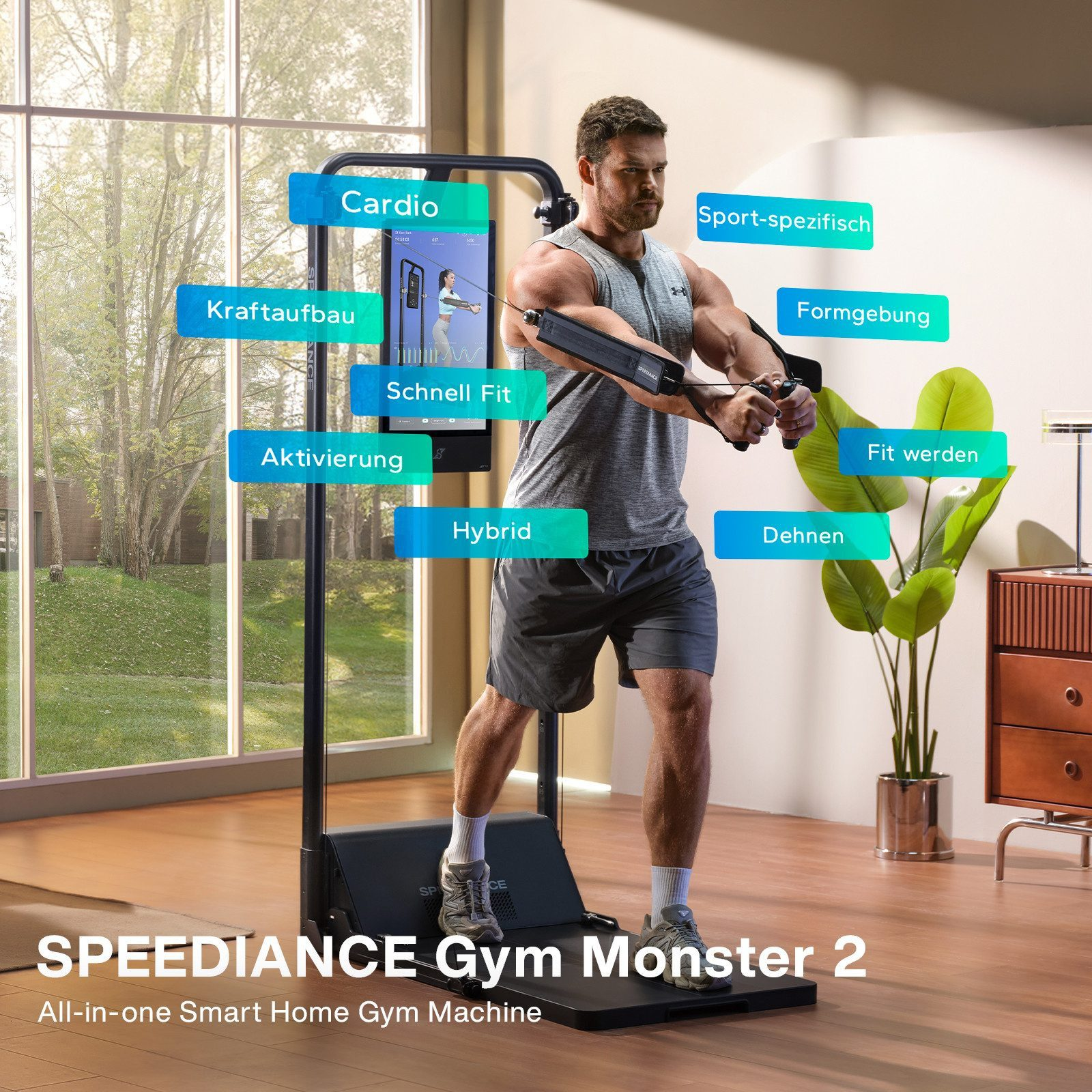 Mann benutzt SPEEDIANCE Gym Monster 2. Etiketten zeigen Trainingsarten. Hintergrund: Fenster, Pflanze, Schrank.
