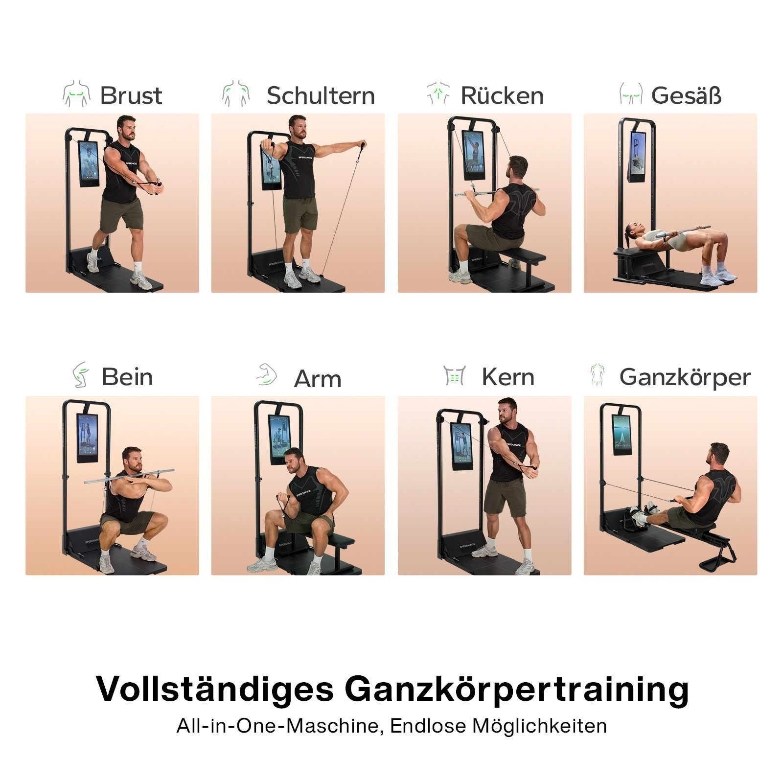 Das Bild zeigt verschiedene Übungen mit einer Fitnessmaschine, die ein Ganzkörpertraining veranschaulichen.
