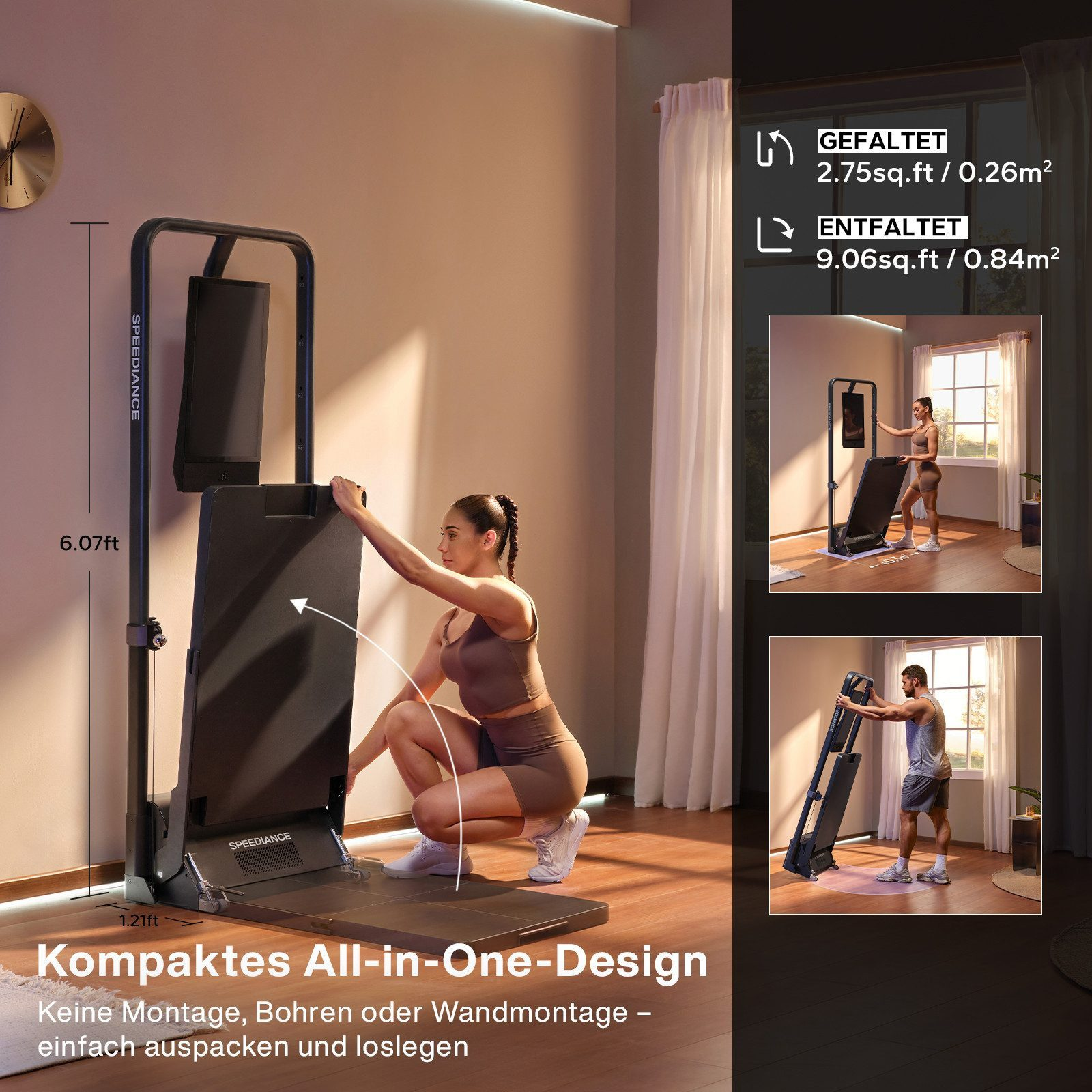 Frau nutzt ein schwarzes All-in-One-Fitnessgerät. Das Gerät ist zusammengeklappt. Zusätzliche Bilder zeigen Aufbau und Nutzung.