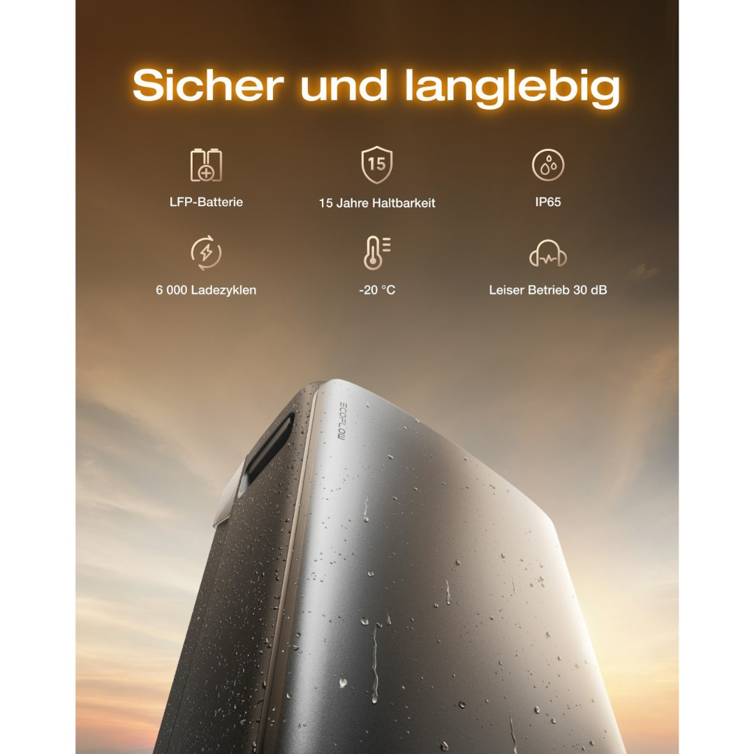 Das Bild zeigt eine silberne Powerstation mit Text über die Akkulaufzeit, einschließlich LFP-Akku, 15 Jahre Lebensdauer und 6000 Zyklen.