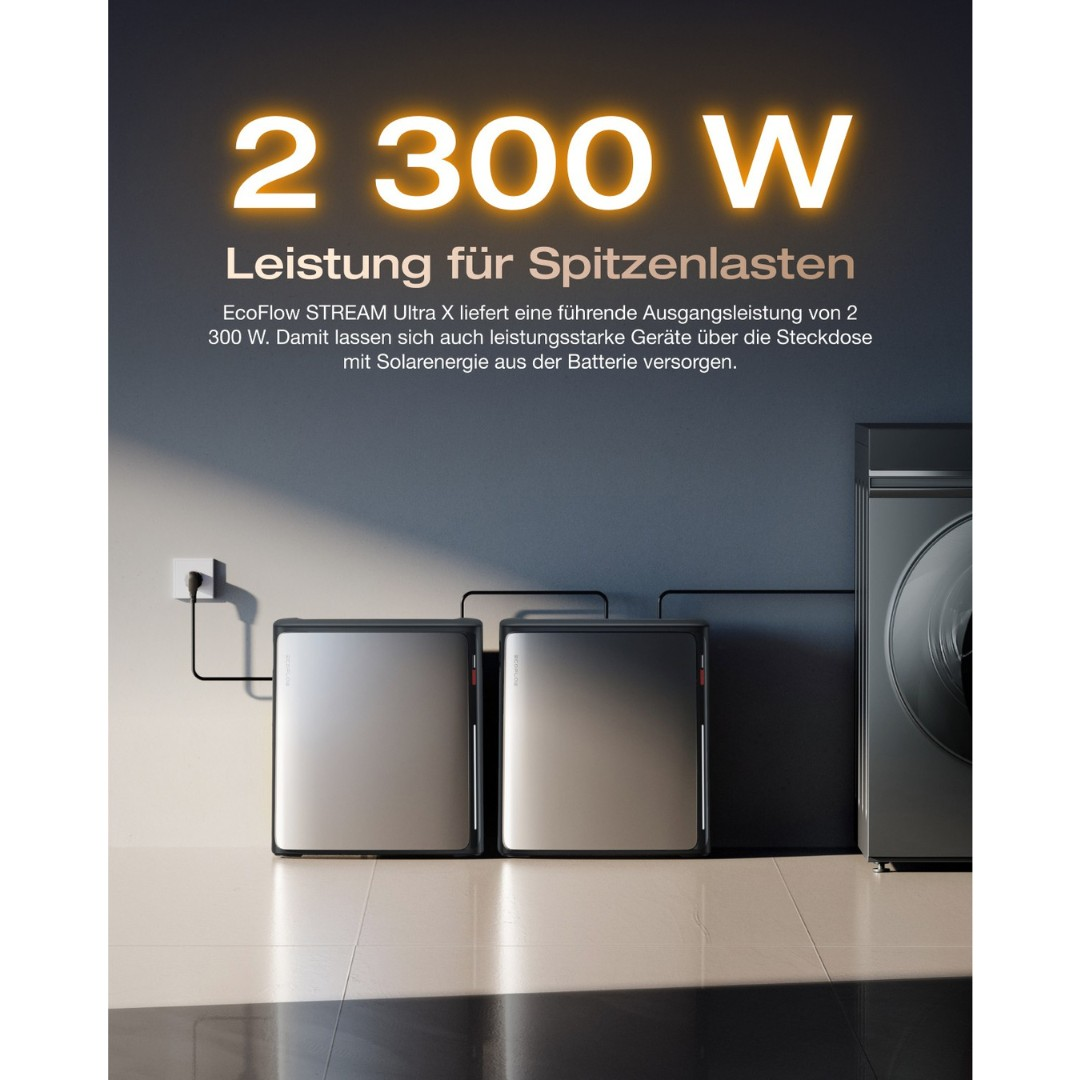 Das Bild zeigt Text '2 300 W' und drei Stromaggregate. Im Hintergrund befindet sich eine Steckdose. Der Text beschreibt die Leistung.