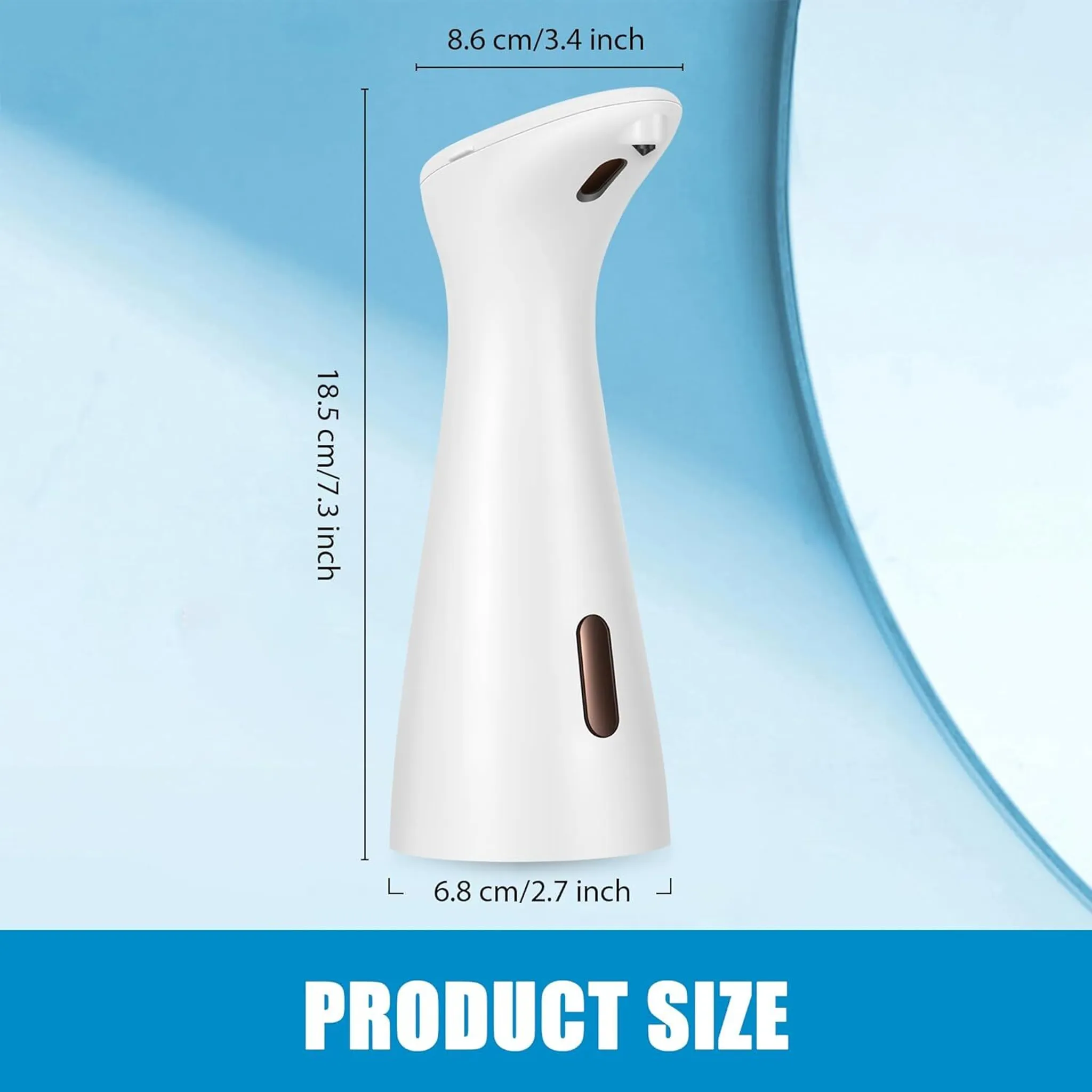 Ein weißer automatischer Seifenspender mit Größenangaben. Text 'Produktgröße' steht unten.