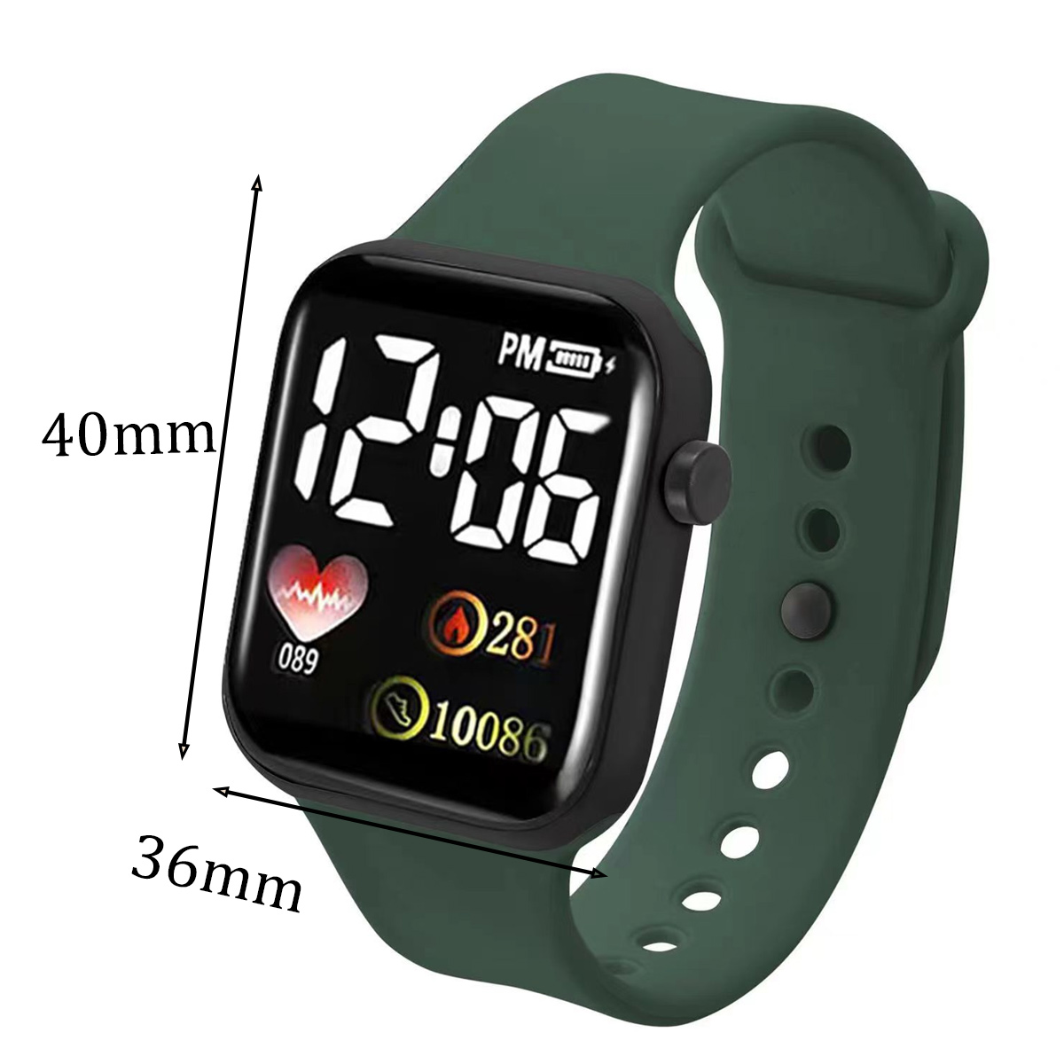 Eine digitale Smartwatch mit grünem Armband. Das Zifferblatt zeigt Zeit, Herzfrequenz und andere Gesundheitsdaten.