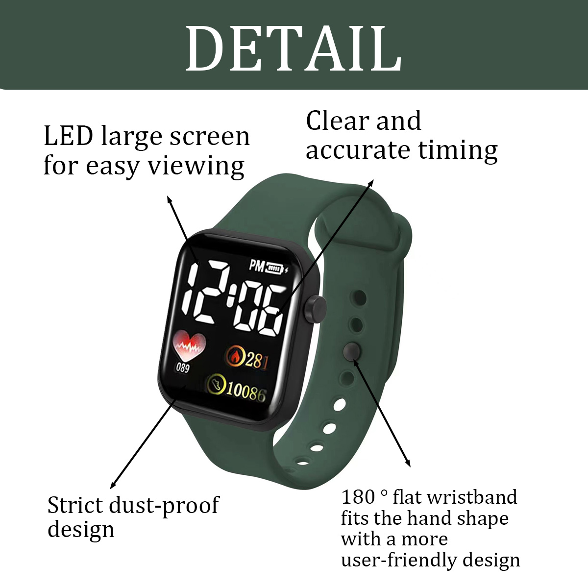 Digitale Smartwatch mit grünem Armband. Der Bildschirm zeigt Zeit und Gesundheitsdaten. Merkmale sind staubdichtes Design und benutzerfreundliches Armband.