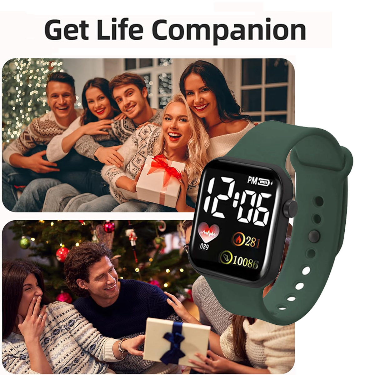 Das Bild zeigt eine Smartwatch mit grünem Armband. Zwei Szenen von Menschen, die feiern und Geschenke geben. Text sagt 'Get Life Companion'.