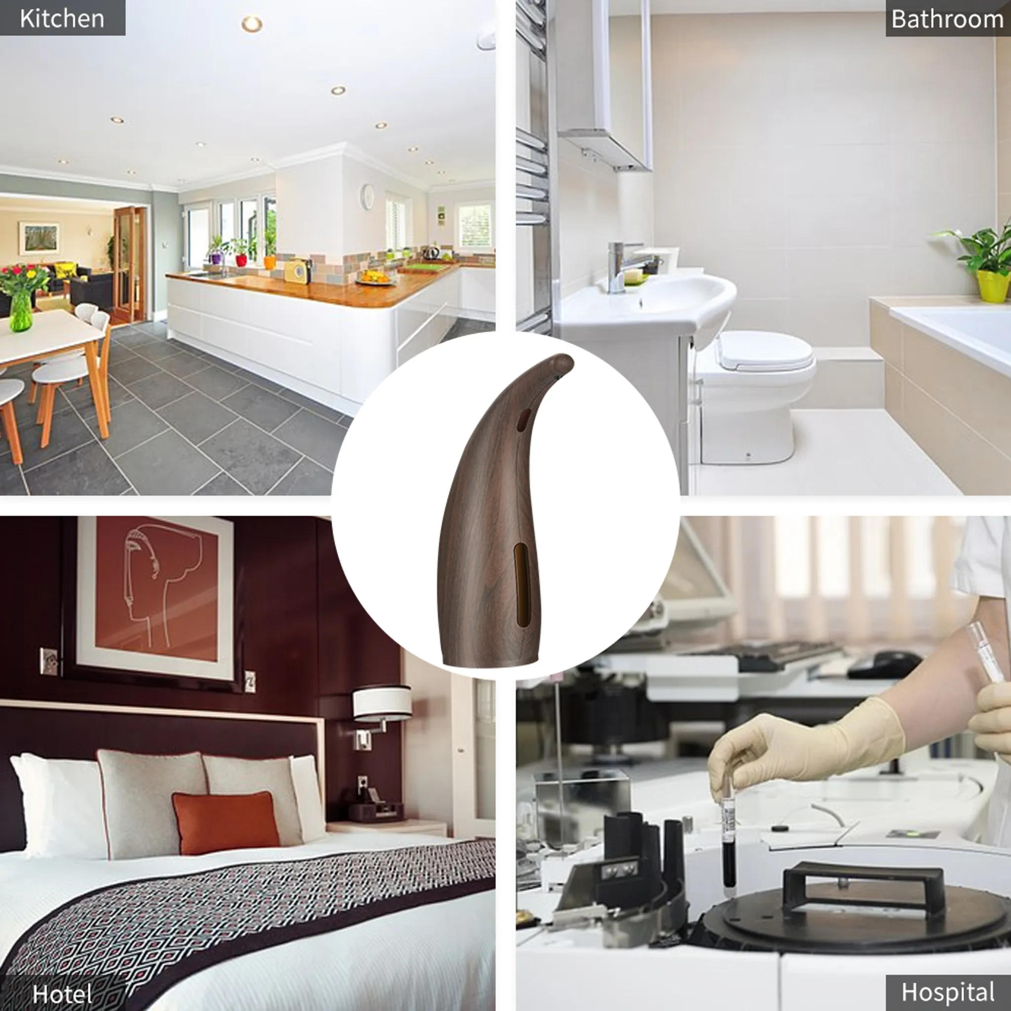 Eine Collage mit Küche, Bad, Hotelzimmer und Krankenhauslabor, mit einem hölzernen Seifenspender in der Mitte.