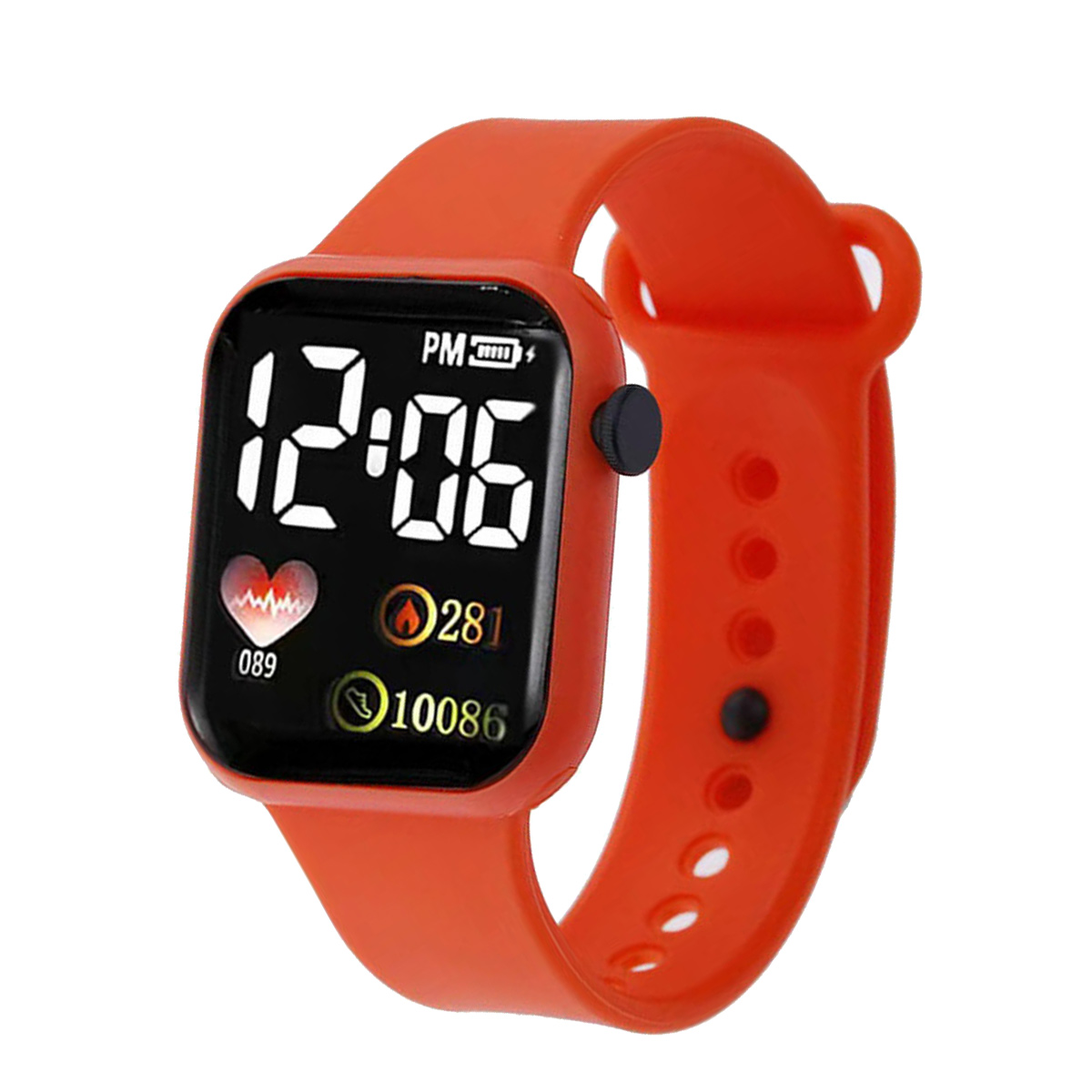 Eine orangefarbene Smartwatch zeigt 12:06 an, mit Symbolen für Gesundheitsmetriken. Das Armband hat Löcher und einen schwarzen Knopf.
