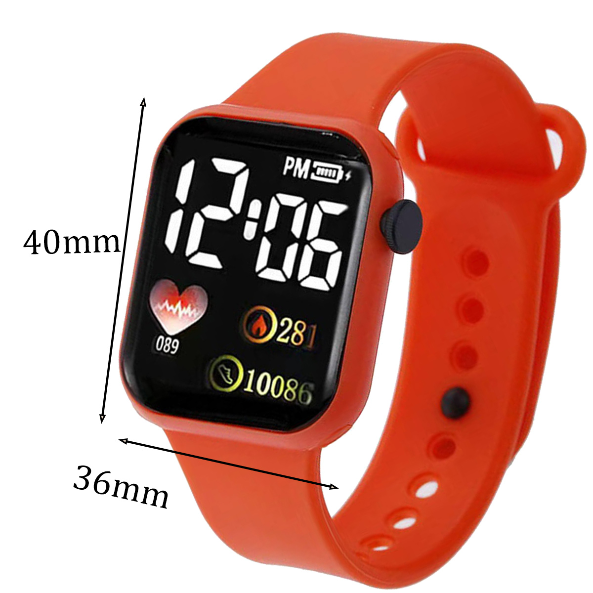 Eine orangefarbene Digitaluhr zeigt Zeit, Herzfrequenz und Schritte an. Sie hat einen schwarzen Knopf und ein orangefarbenes Armband. Abmessungen sind markiert.