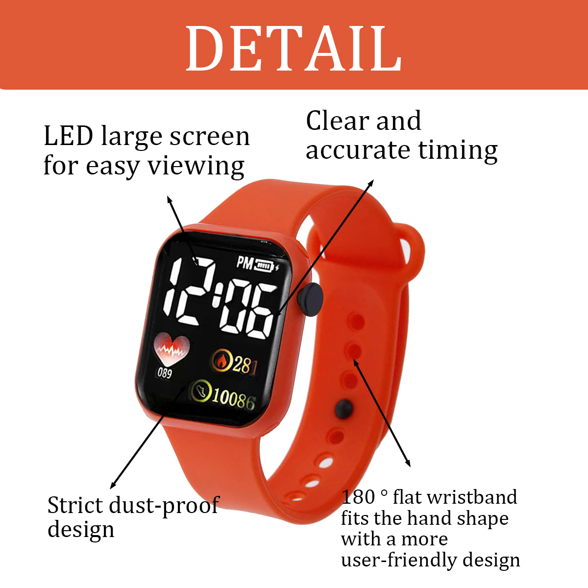 Eine orangefarbene Digitaluhr mit schwarzem Bildschirm, der Zeit, Herzfrequenz und andere Daten anzeigt. Sie hat ein orangefarbenes Armband und ein benutzerfreundliches Design.