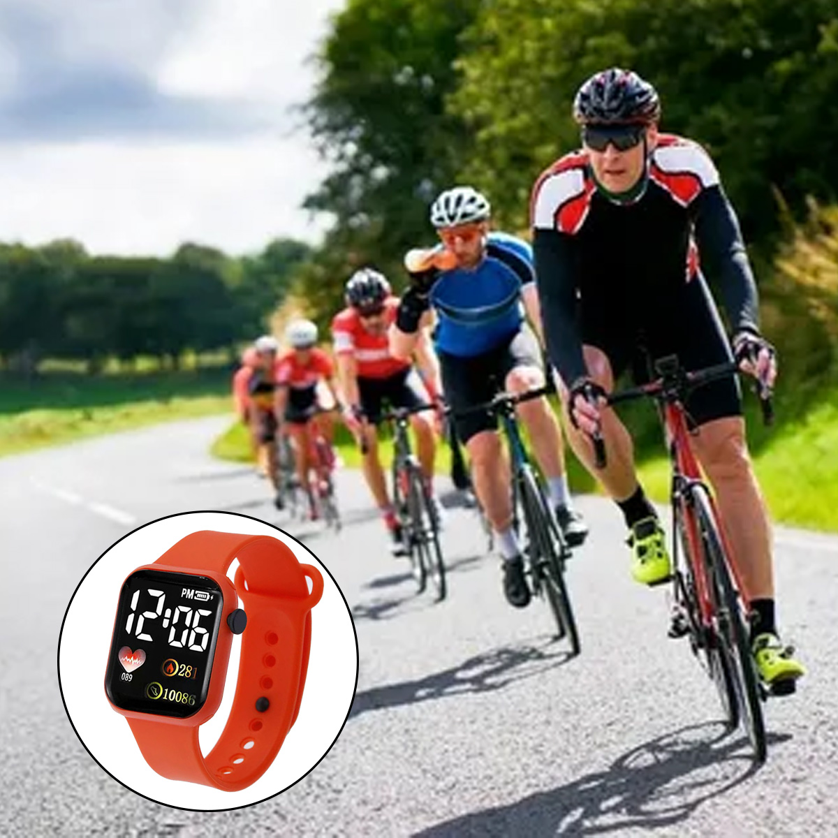 Radfahrer fahren auf einer Straße Rennen. Im Vordergrund befindet sich eine orangefarbene Uhr mit Digitalanzeige. Bäume und Himmel sind im Hintergrund.
