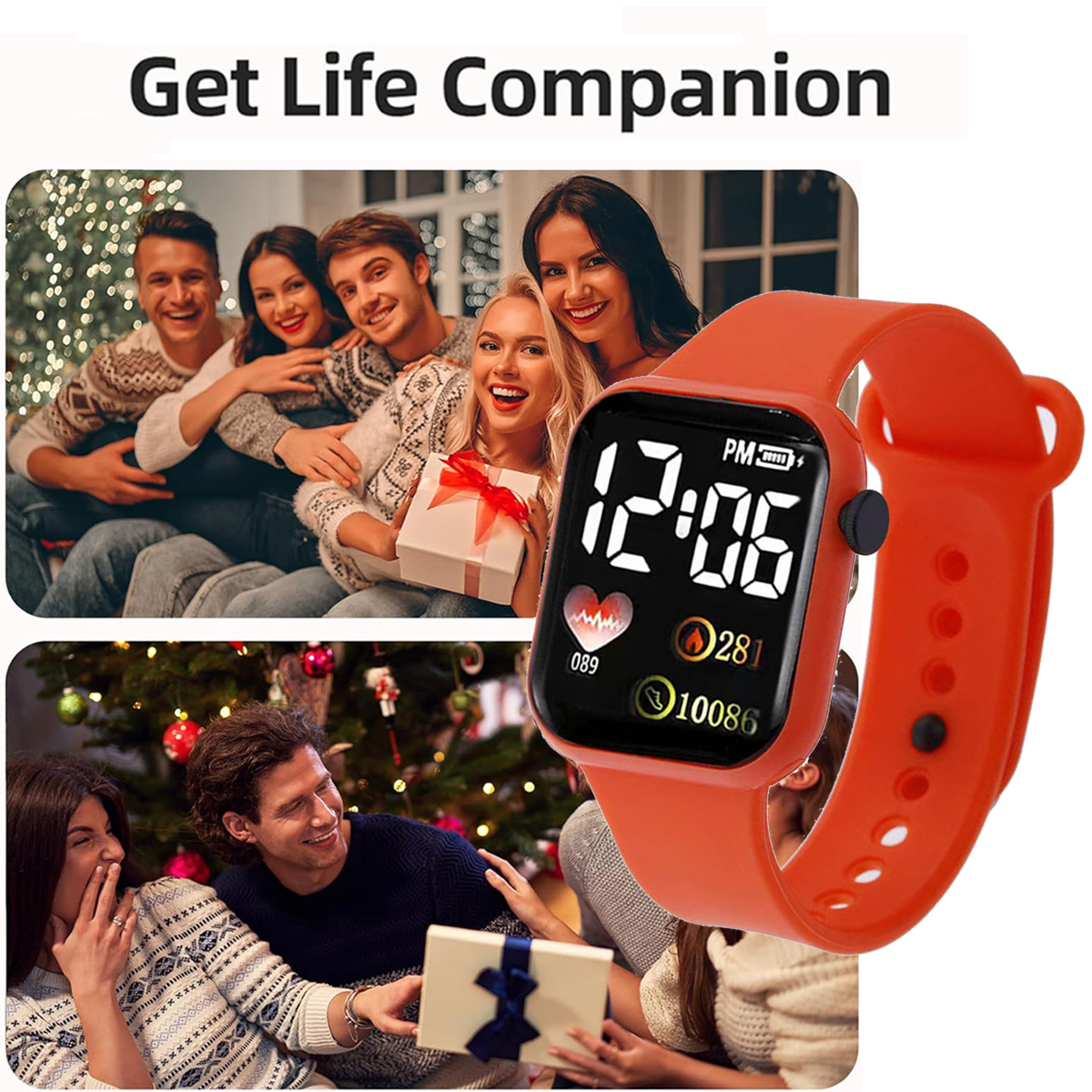 Eine orangefarbene Smartwatch zeigt die Uhrzeit an. Menschen befinden sich in einer Urlaubsatmosphäre, einige halten Geschenke. Die Uhr und die Gruppe von Freunden stehen im Mittelpunkt.