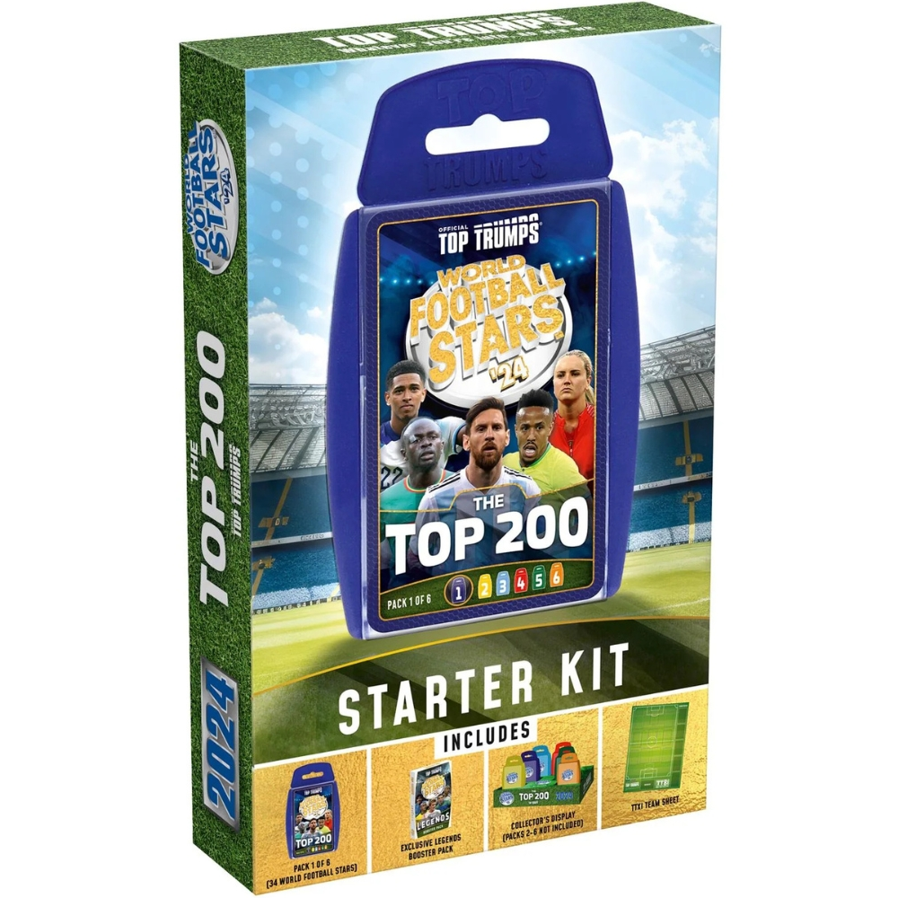 Eine Top Trumps Starter Kit Box mit Fußballstars. Die Box enthält Packs, Booster Packs, eine Sammlervitrine und ein Team Sheet.