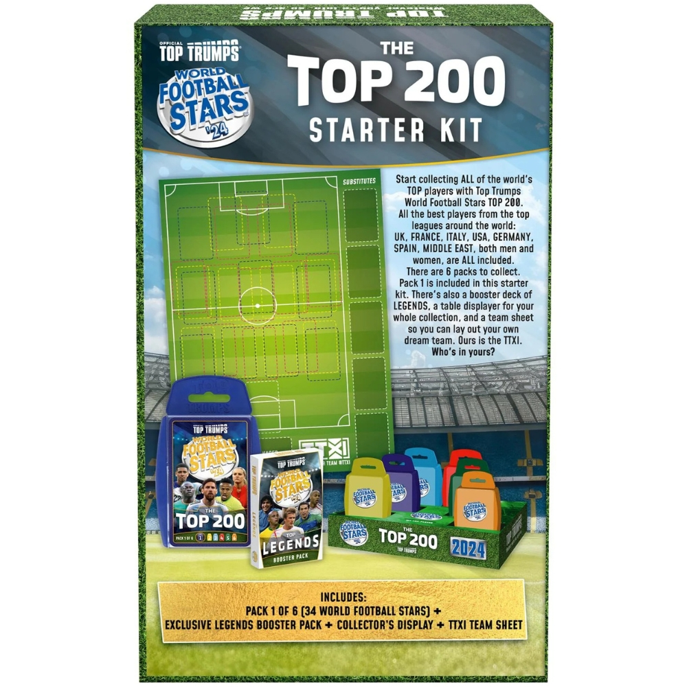 Die Top Trumps World Football Stars Starter-Kit-Box. Sie enthält Karten, ein Display und ein Team-Sheet.