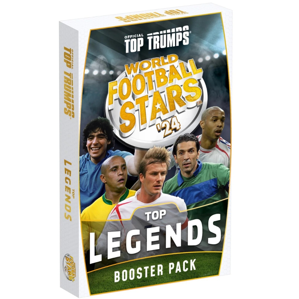 Eine Top Trumps Kartenpackung mit dem Titel 'World Football Stars '24' mit Fußballlegenden. Die Box ist weiß mit Grafiken und Text.