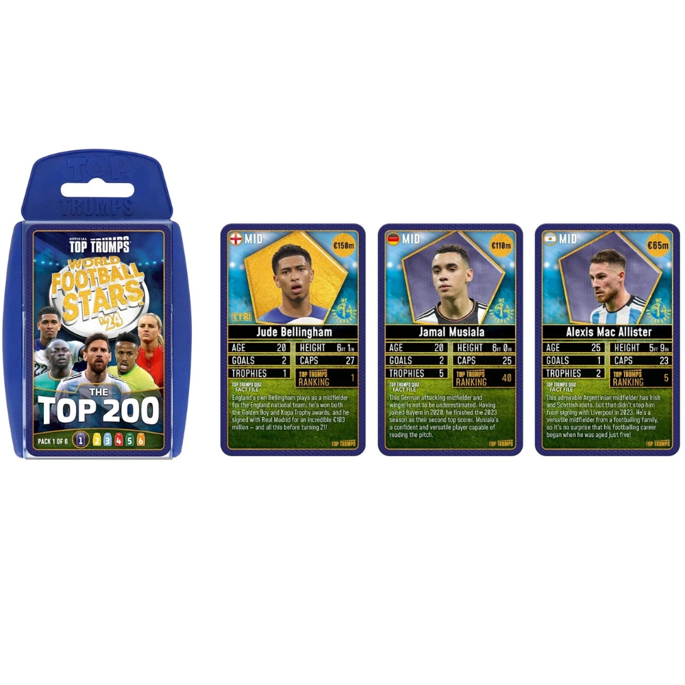 Ein Top Trumps Kartenspiel mit Fußballstars. Karten zeigen Spieler wie Jude Bellingham, Jamal Musiala und Alexis Mac Allister.