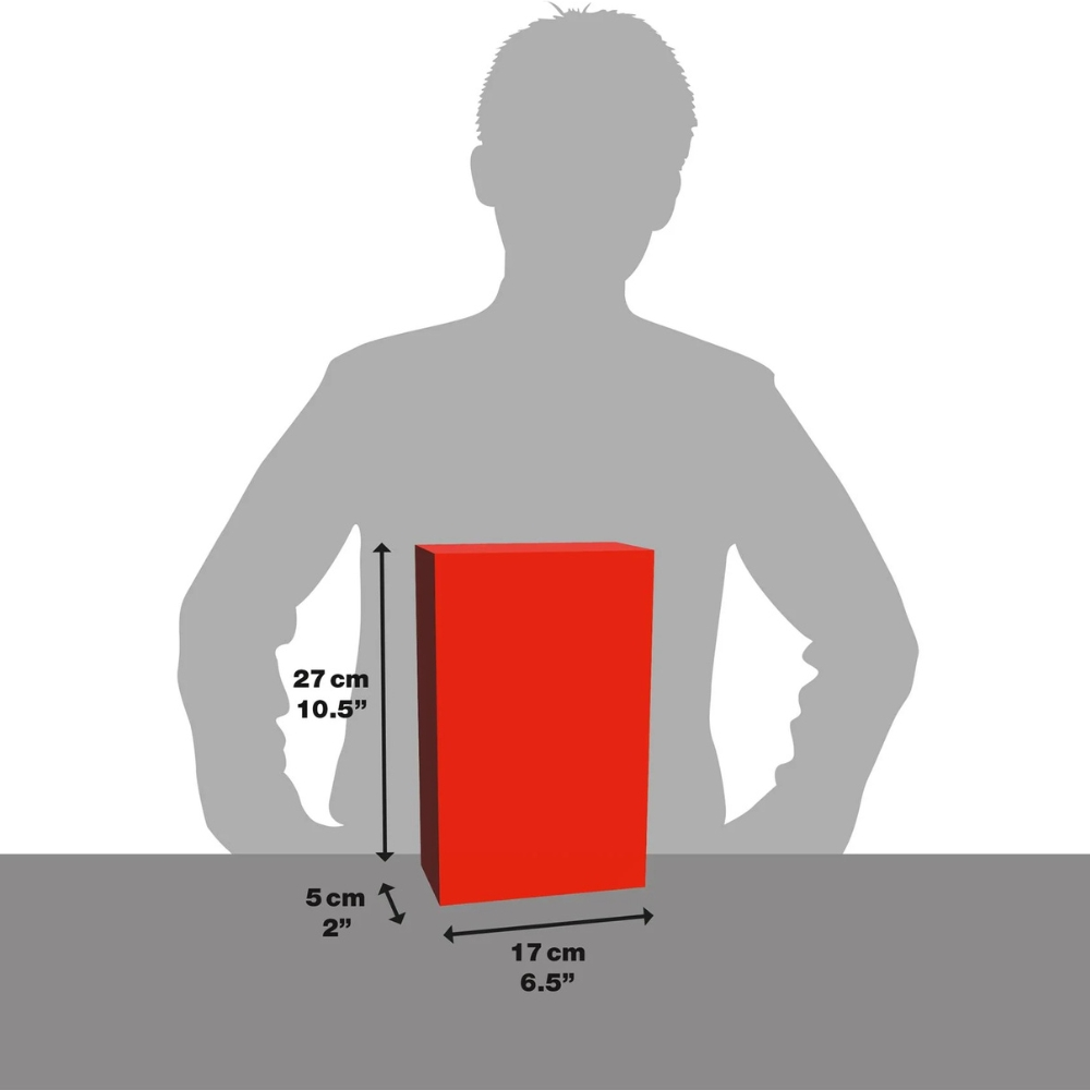 Ein roter rechteckiger Karton vor einer Personensilhouette. Abmessungen: 27 cm hoch, 17 cm breit und 5 cm tief.