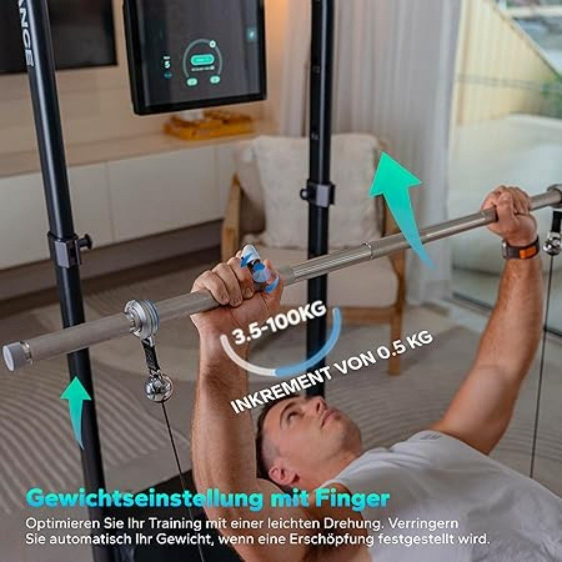 Mann hebt Langhantel, Gewichtsbereich 3,5-100 kg. Text: 'Gewichtseinstellung mit Finger'. Pfeile zeigen Anpassung an.