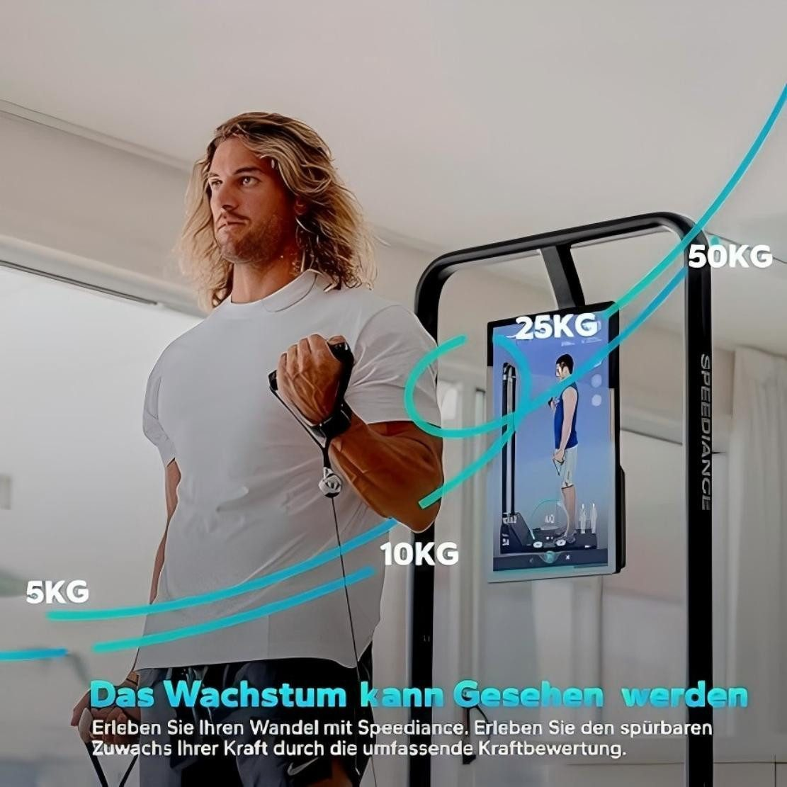 Ein Mann mit langen Haaren benutzt ein Widerstandsband. Ein Bildschirm zeigt Trainingsdaten mit einem Gewichtsentwicklungsgraphen.