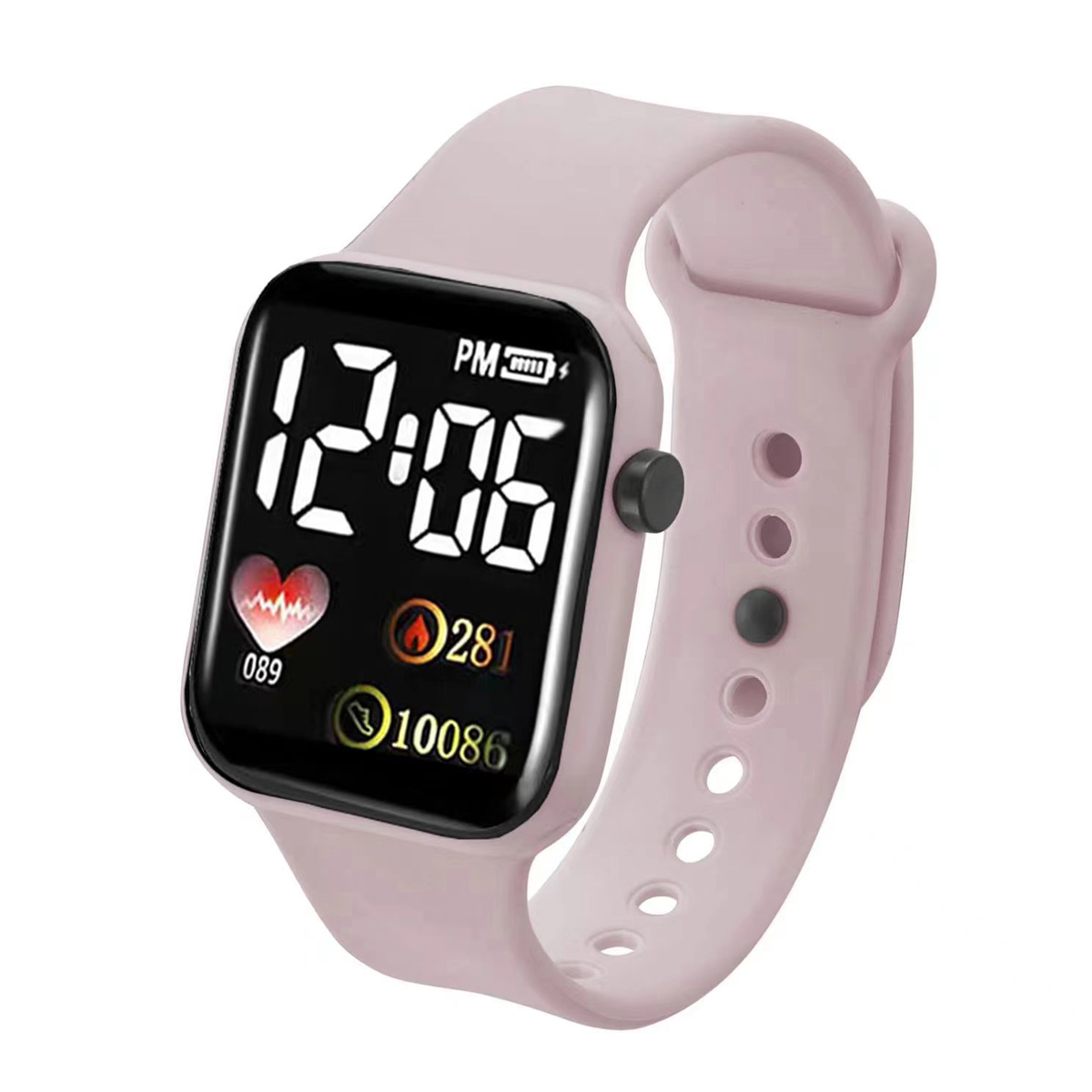 Eine rosa Smartwatch zeigt die Uhrzeit 12:06 an. Sie zeigt Herzfrequenz, Schritte und Kalorienverbrauch an. Die Uhr hat ein rosa Armband.