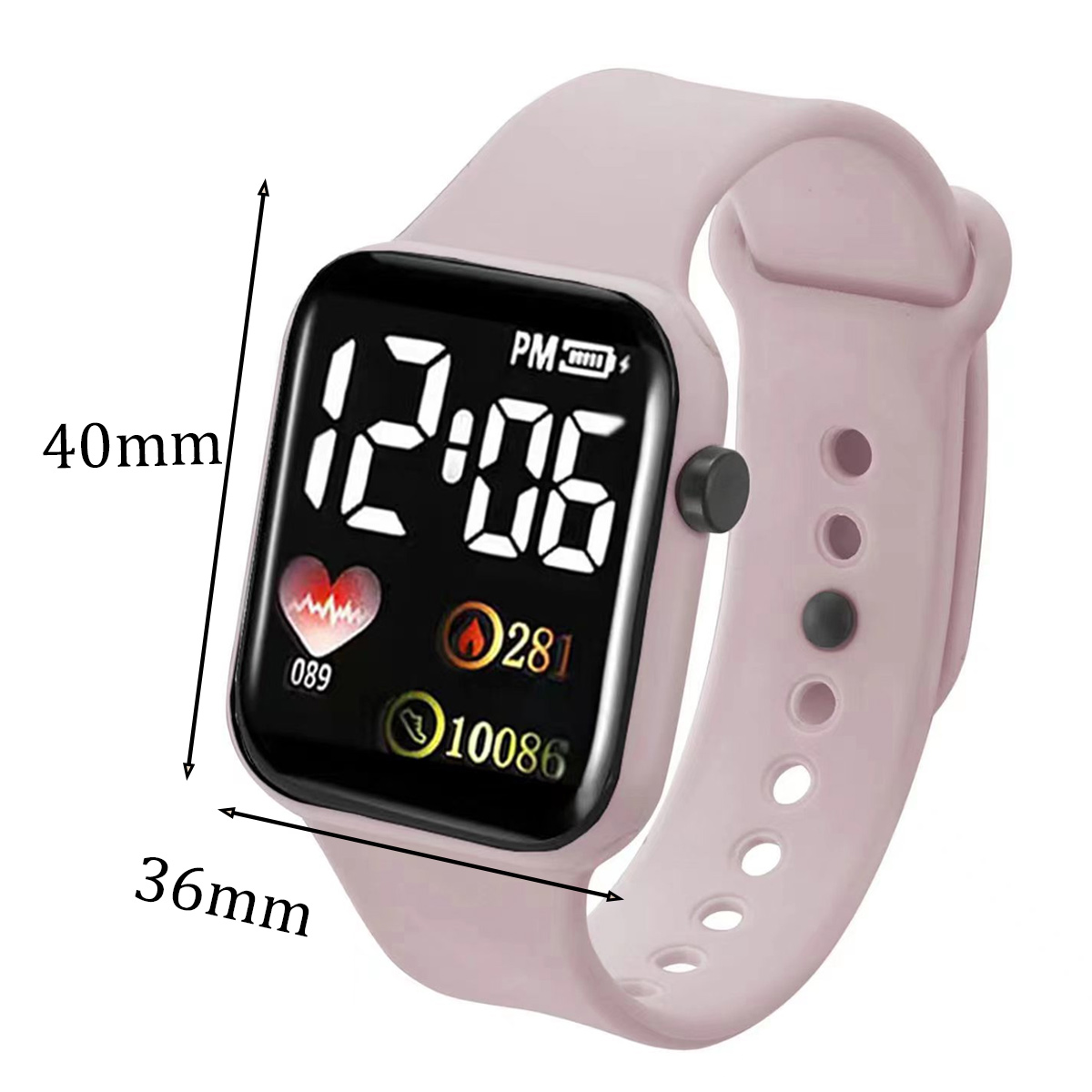 Eine rosa Smartwatch zeigt Zeit und Gesundheitsmetriken an. Abmessungen sind 40 mm x 36 mm. Die Uhr hat ein digitales Display und ein rosa Armband.