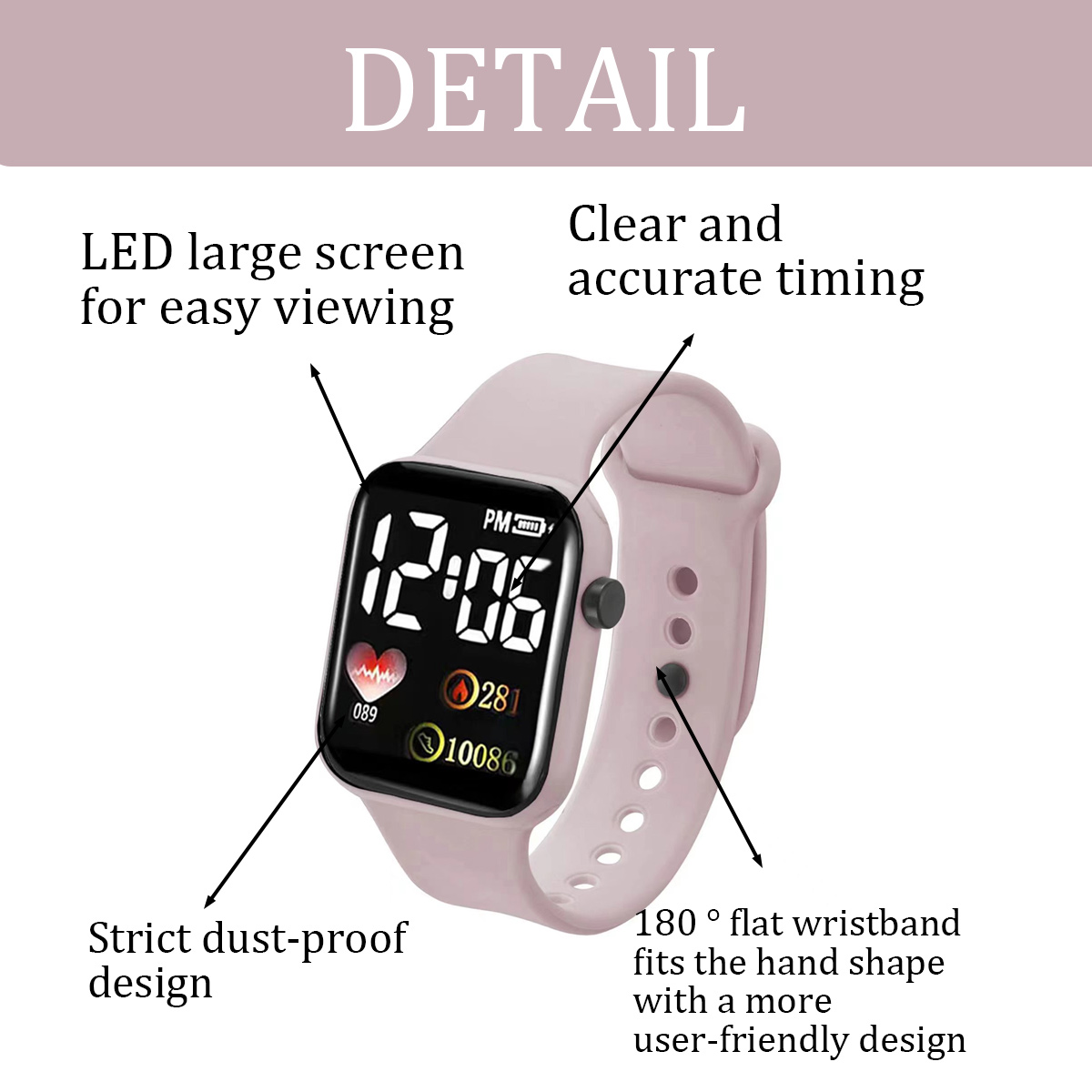Eine Digitaluhr mit rosa Armband zeigt die Zeit an. Sie hat einen großen Bildschirm, staubdichtes Design und benutzerfreundliche Funktionen.