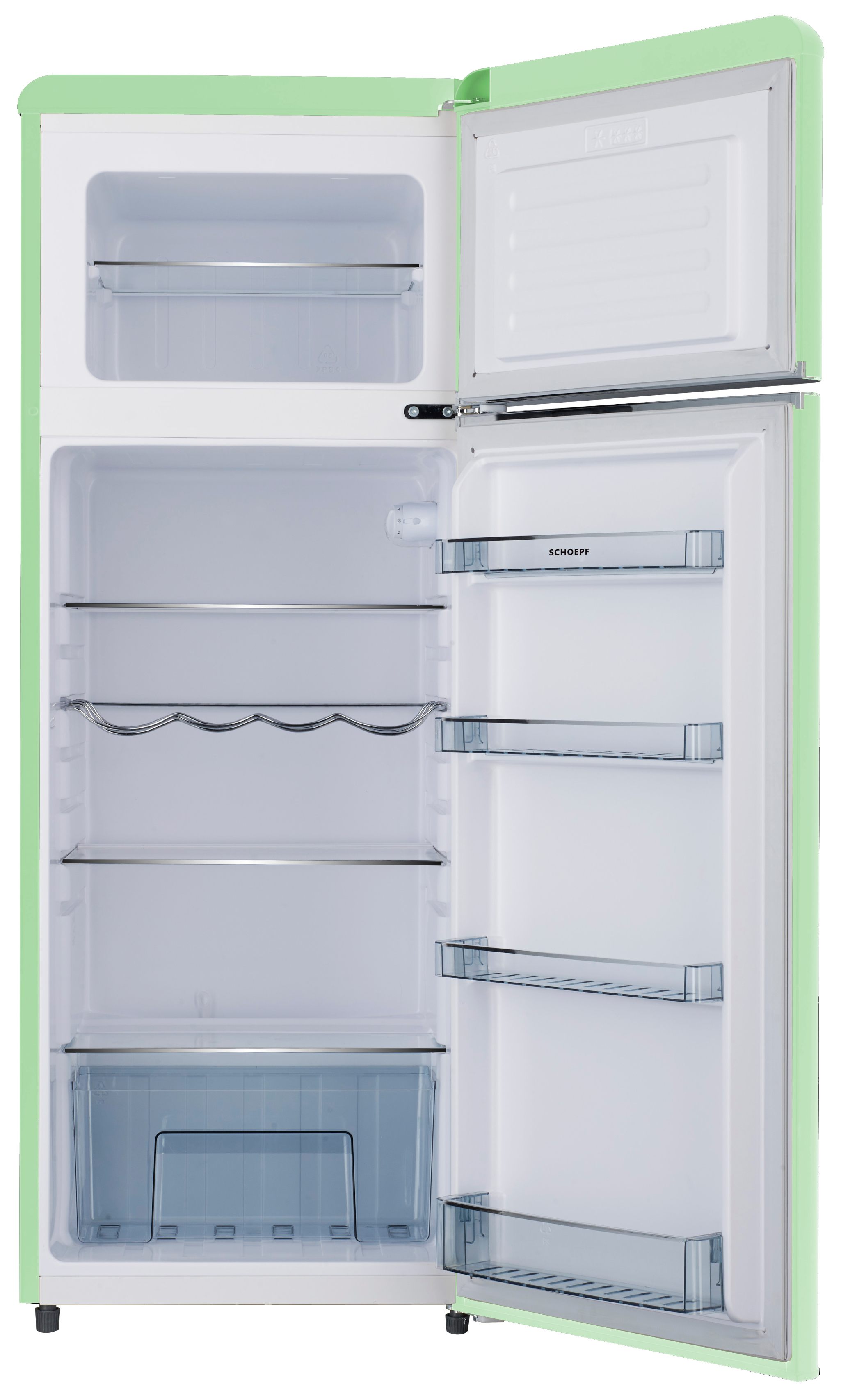 Ein grüner Kühlschrank mit offener Tür, die Regale, Aufbewahrungsboxen und ein Gefrierfach zeigt. Der Innenraum ist weiß.