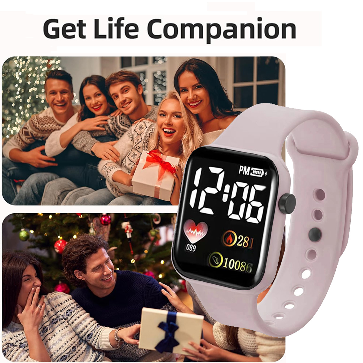 Eine Uhr zeigt die Zeit, umgeben von Bildern glücklicher Menschen, die Geschenke machen. Die Uhr hat ein rosa Armband und eine Digitalanzeige mit Gesundheitsdaten.