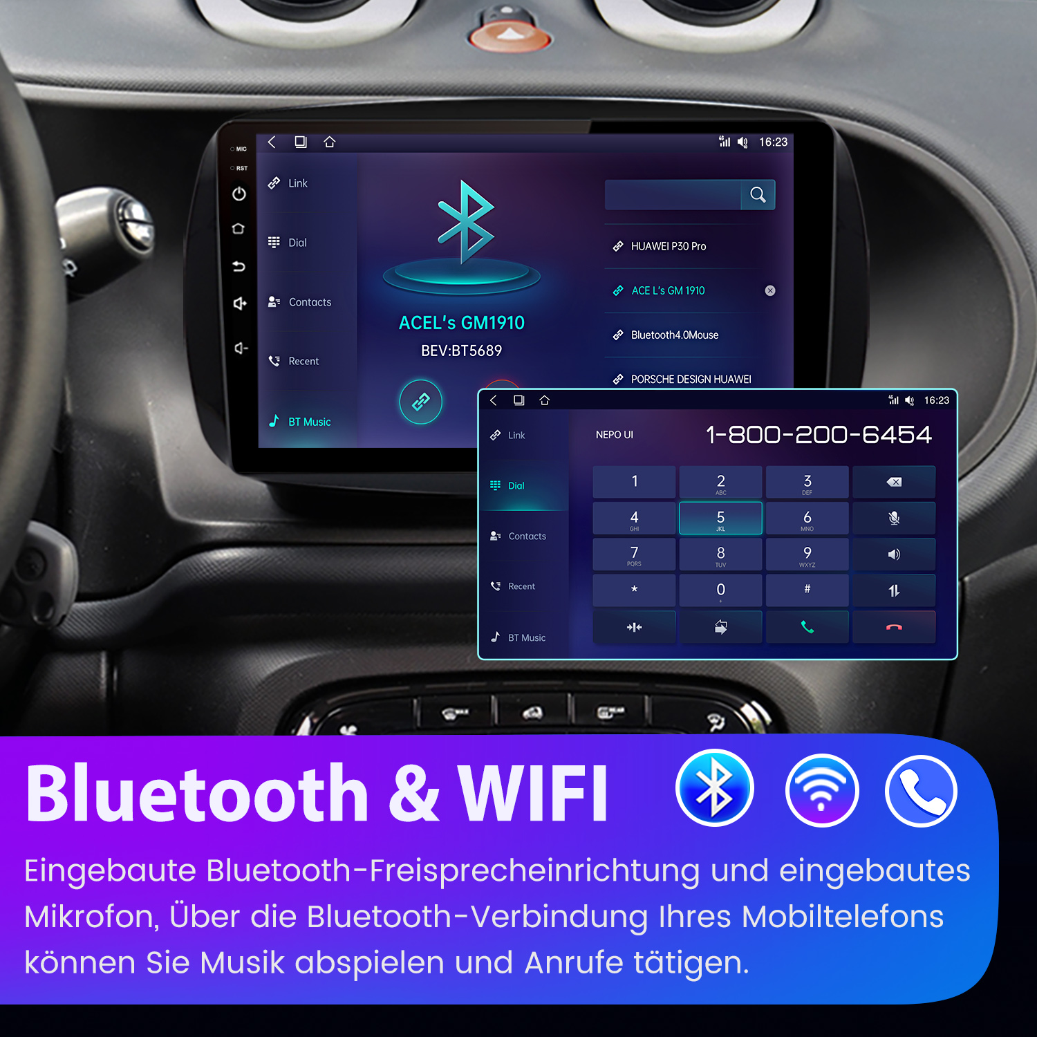 Infotainmentsystem des Autos mit Bluetooth- und WLAN-Funktionen. Es zeigt eine Wähltastatur, Telefonoptionen und ein Bluetooth-Logo.